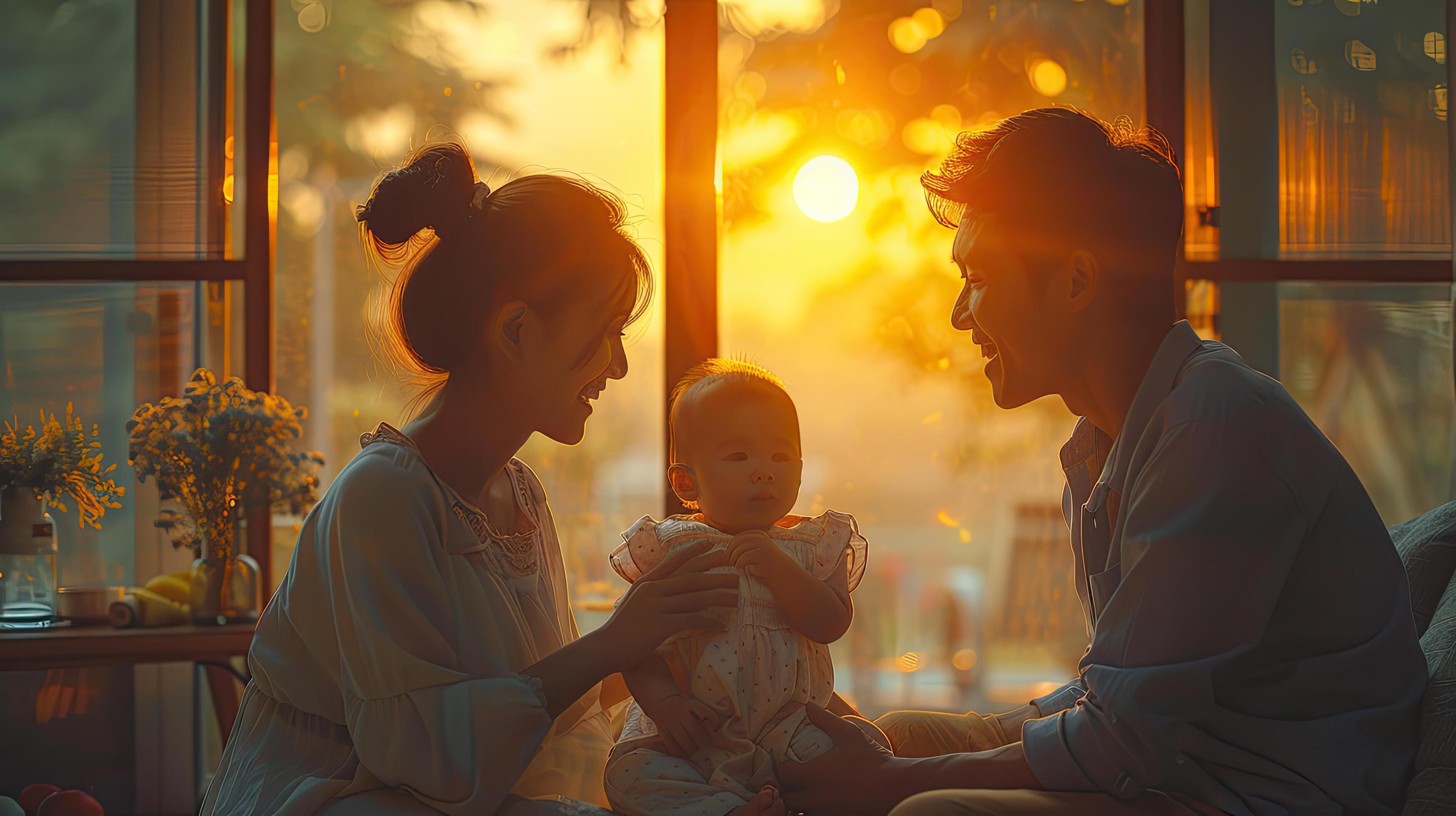 Young beautiful happy family relaxing at home Stock Free