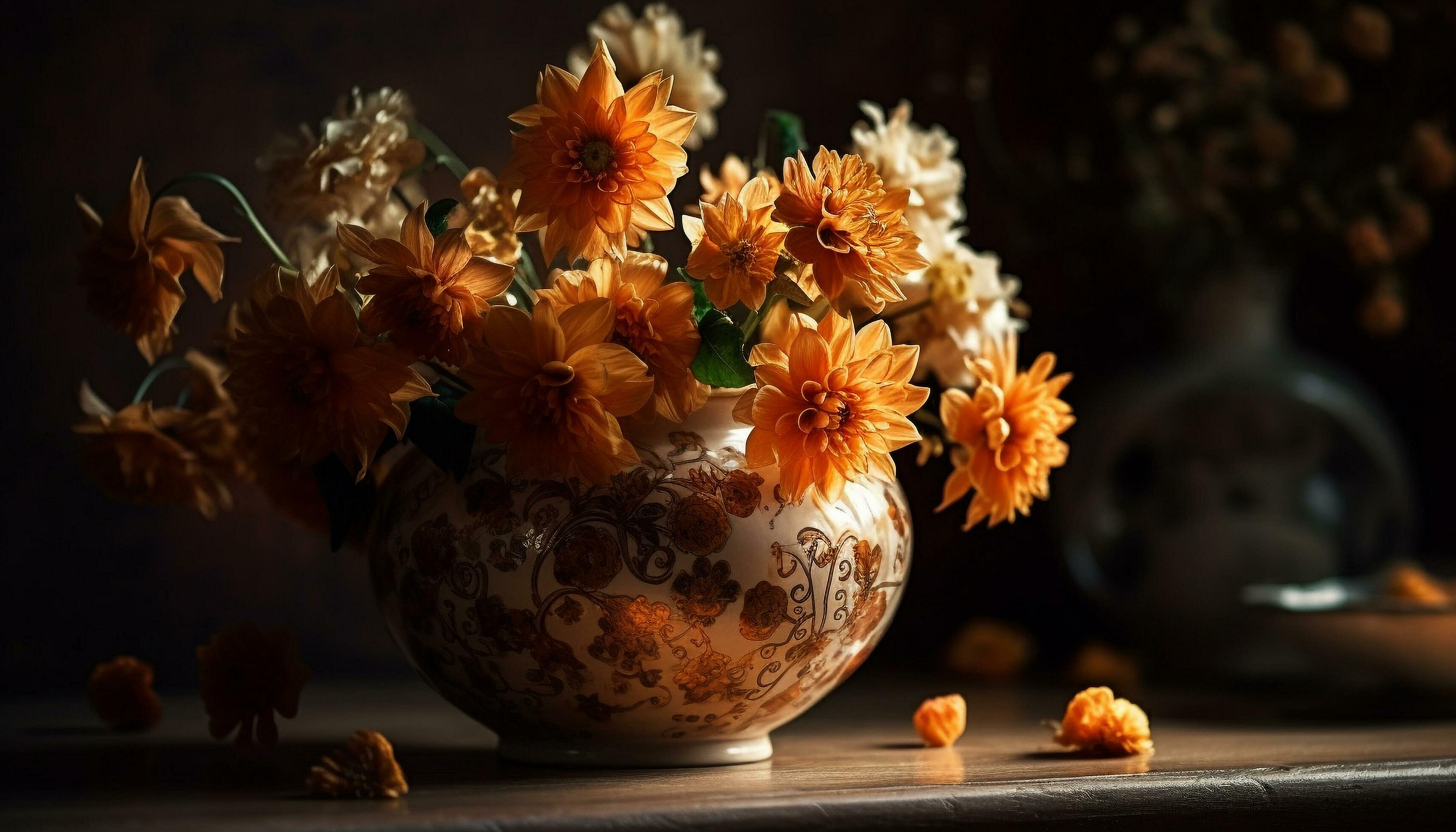 Rustic flower arrangement on wooden table indoors generated by AI Stock Free