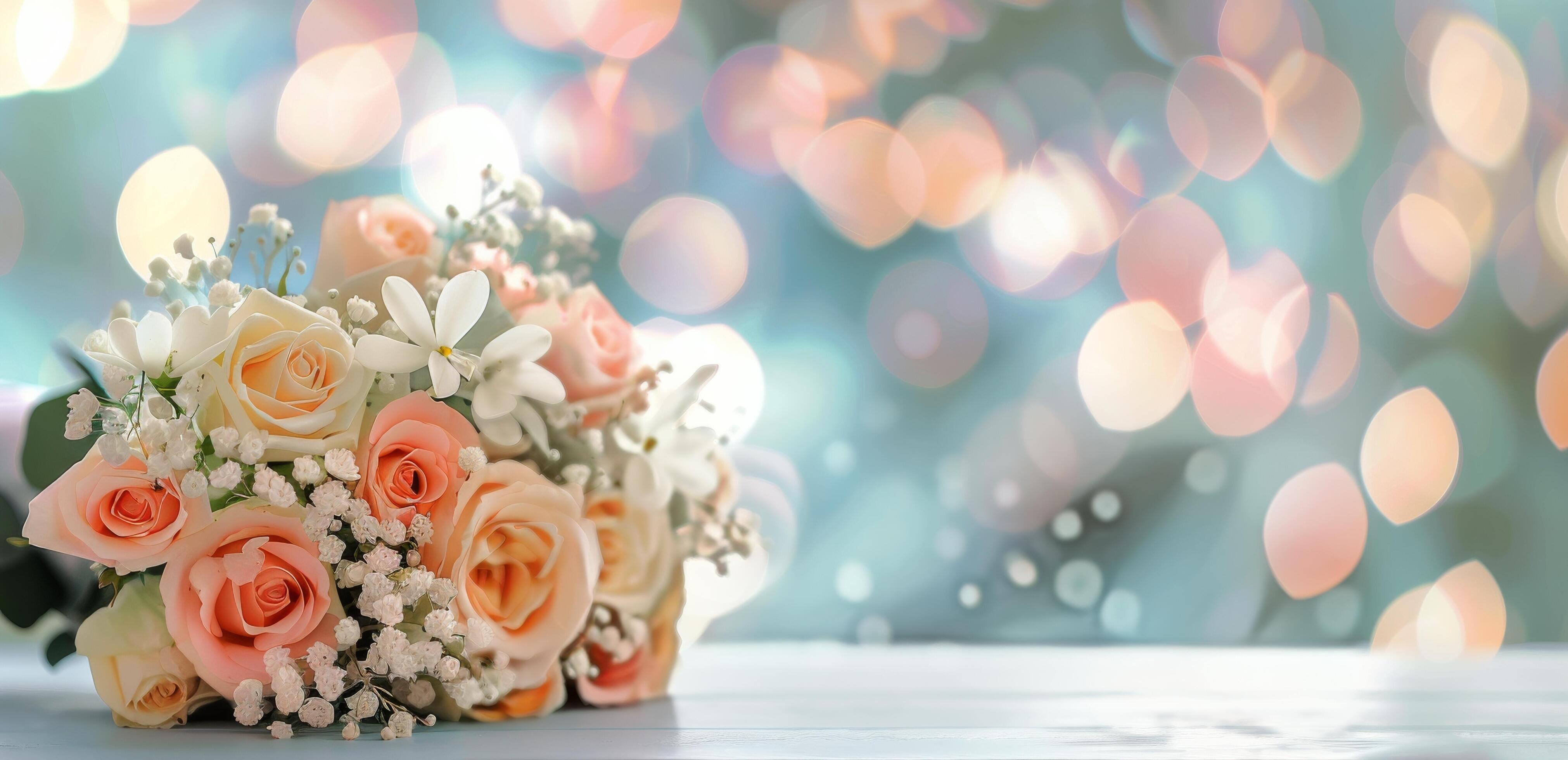 Elegant Bridal Bouquet With Pastel Roses and Bokeh Background at Wedding Reception Stock Free