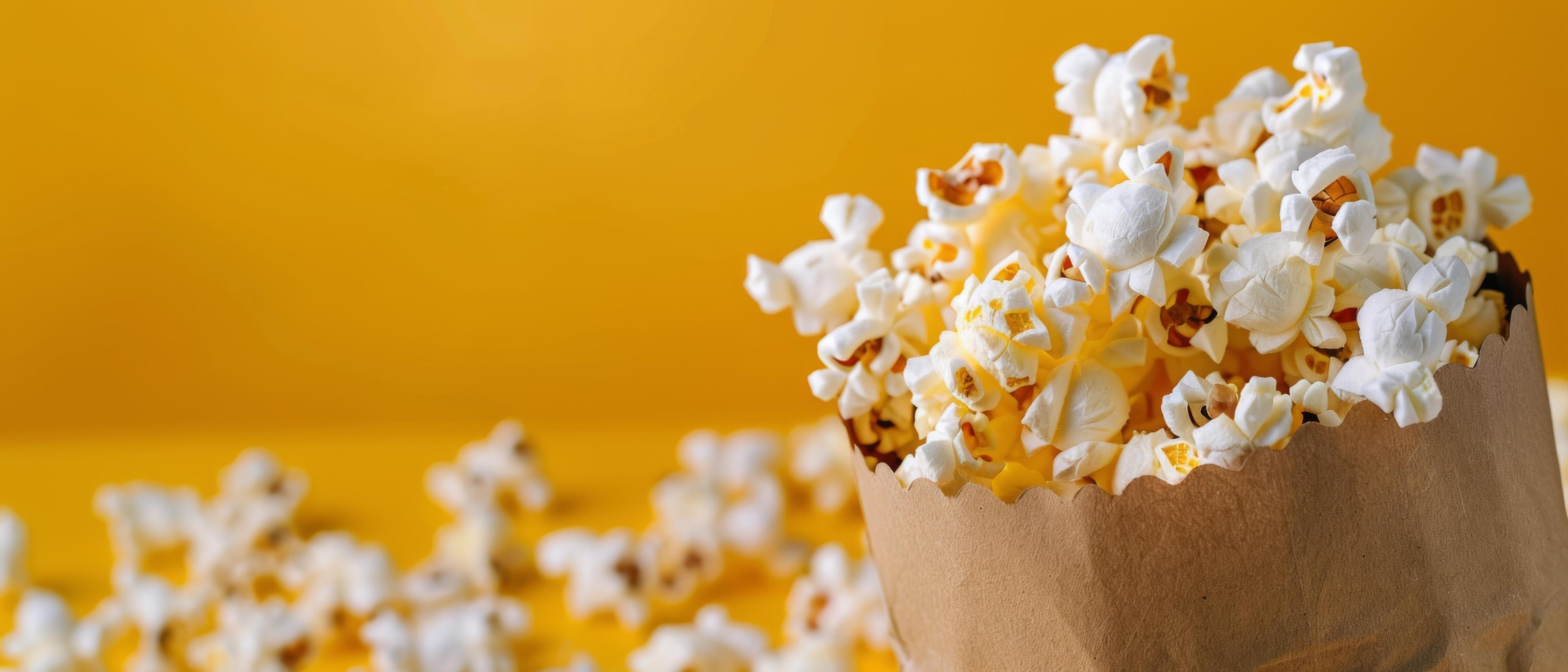 Freshly Popped Popcorn in a Striped Box Against a Bright Yellow Background Stock Free