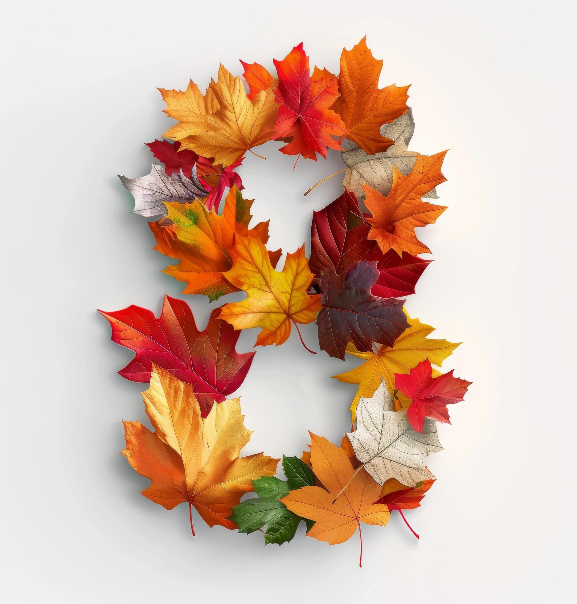 Colorful Autumn Leaves Formed Into the Number Eight on White Background Stock Free