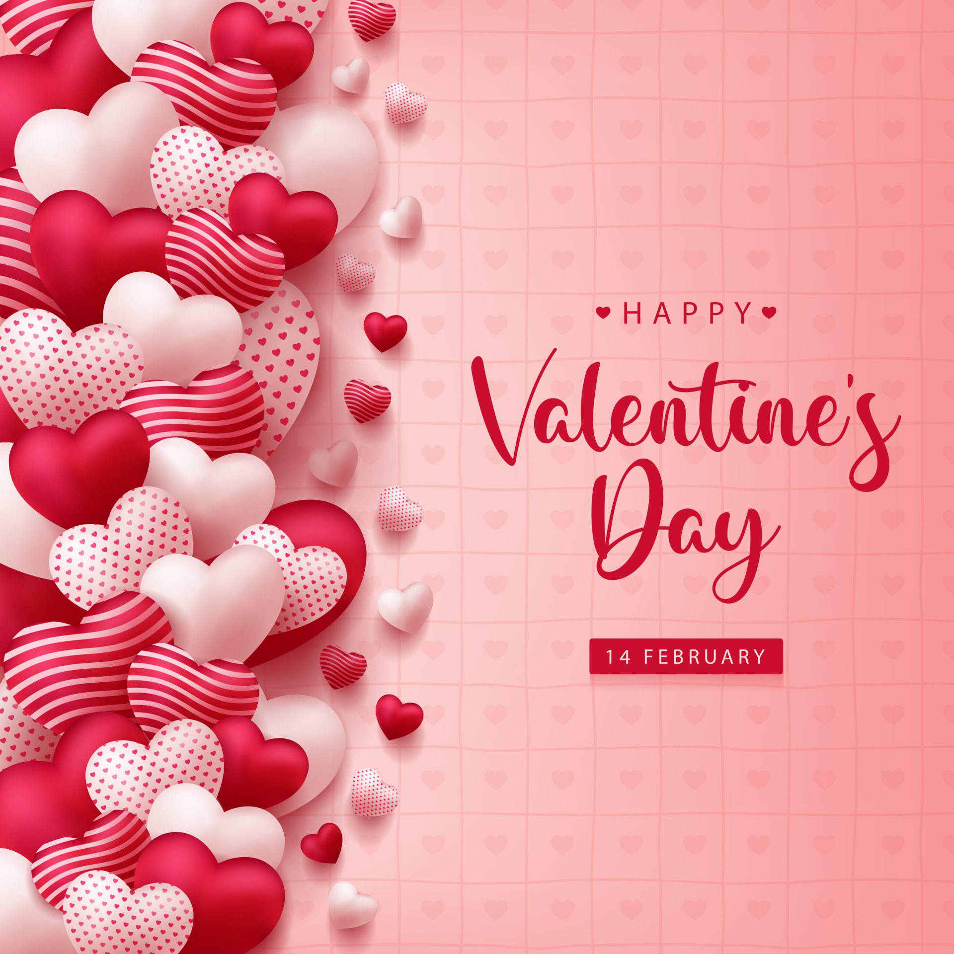 Lovely happy valentines day background with realistic 3d hearts design for greeting card, poster, banner. Vector illustration. Free Vector