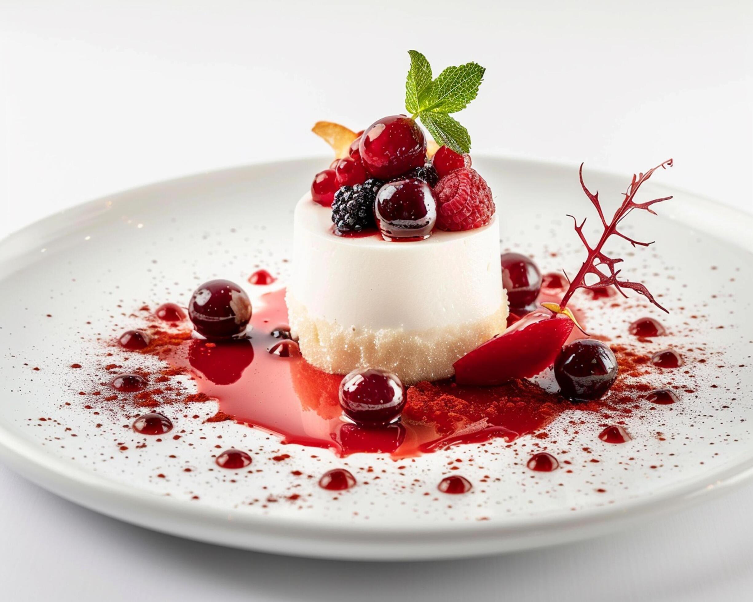 A dessert on a white plate with berries and cream Stock Free