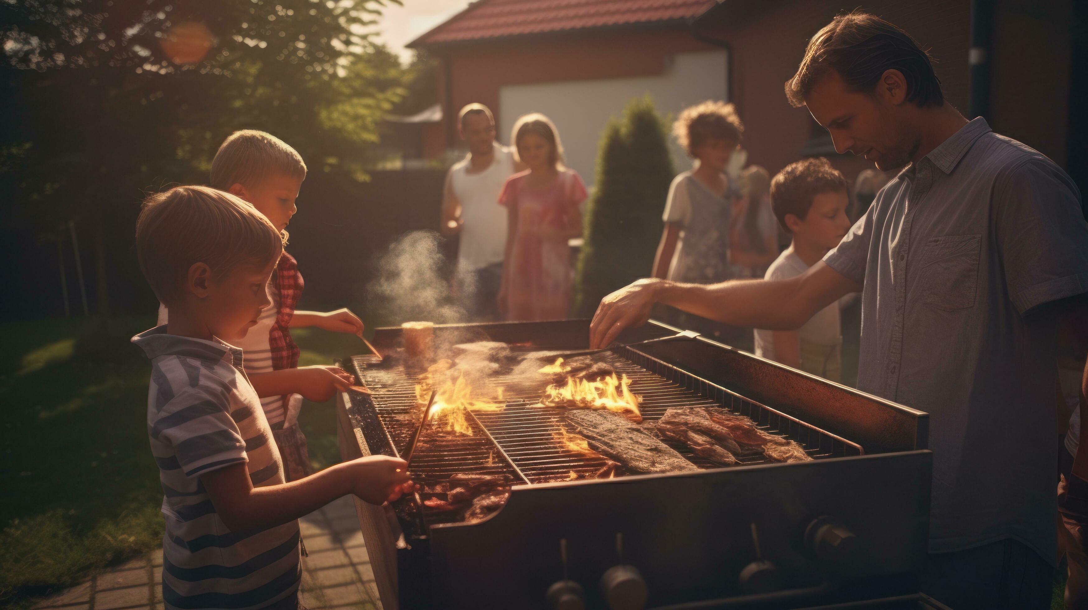 Young family is grilling at the barbecue Stock Free