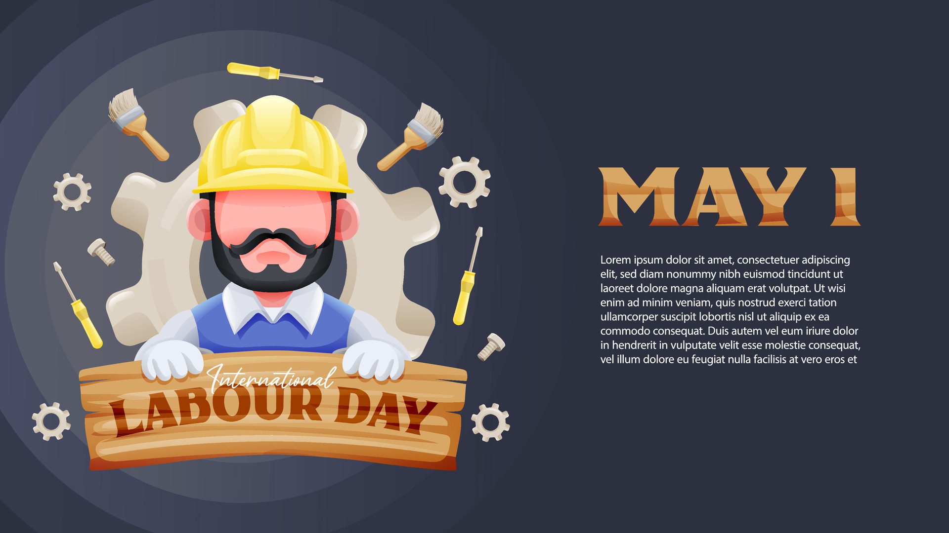 International Labour Day Banner With Worker Holding Wooden Sign and Tools Illustration Free Vector