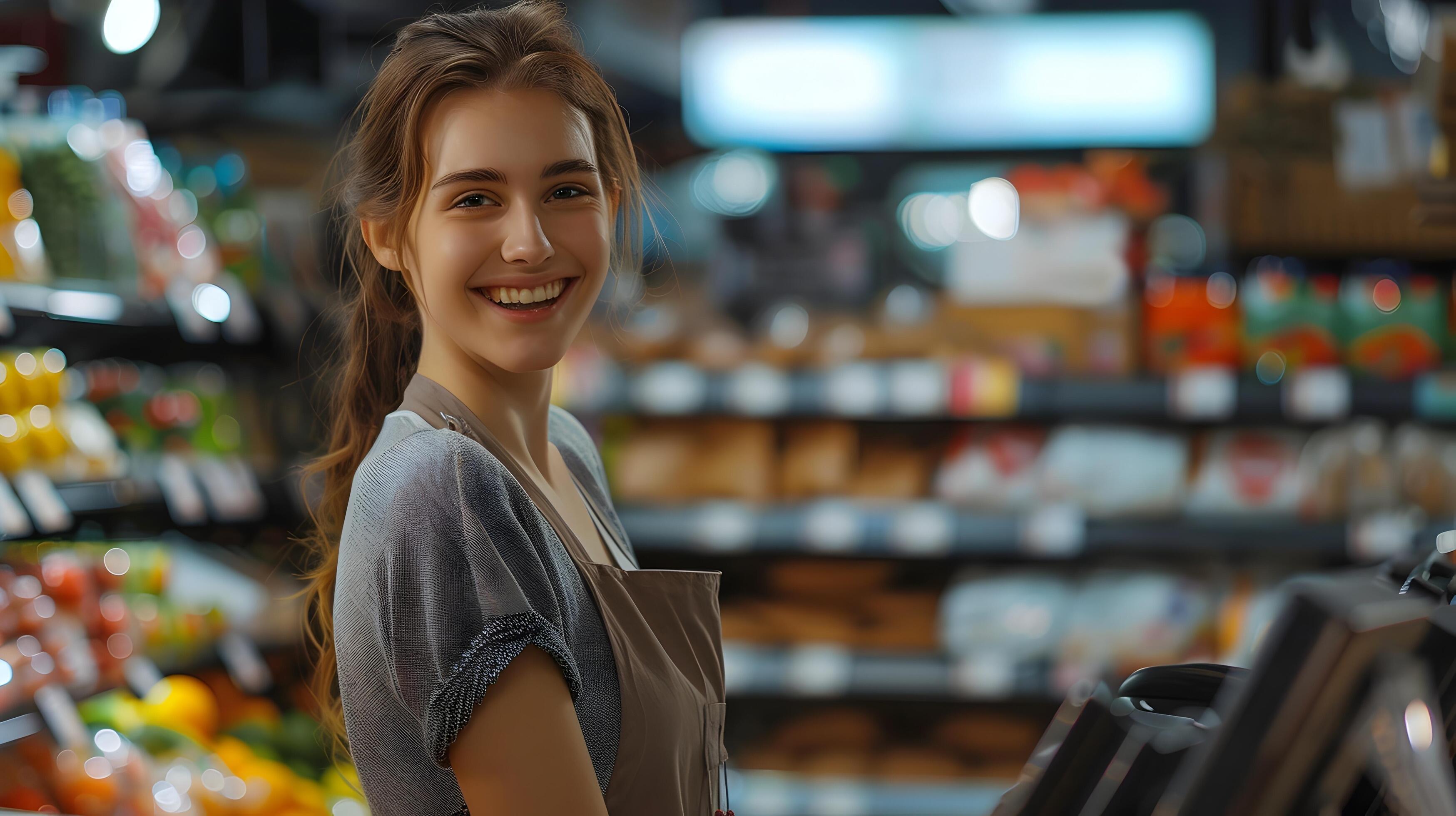 Friendly Supermarket Employee Assisting Customers with a Warm Smile Stock Free