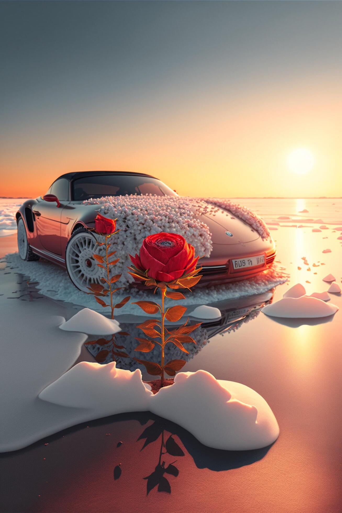 red sports car covered in flowers in the snow. . Stock Free