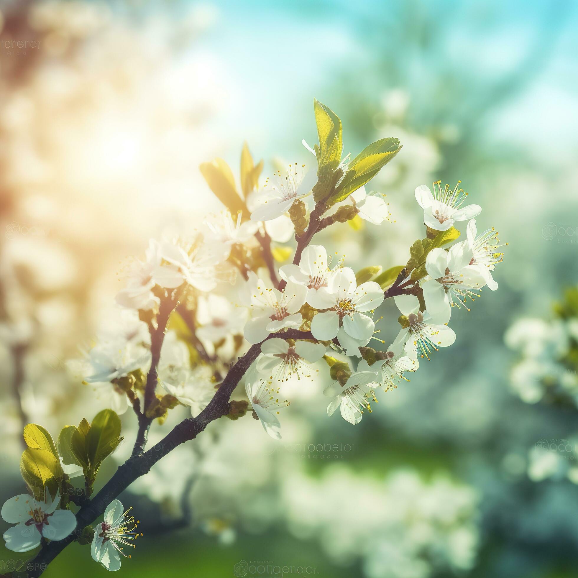 Spring blossom background. Nature scene with blooming tree and sun flare. Spring flowers. Beautiful orchard,light blue background , generat ai Stock Free