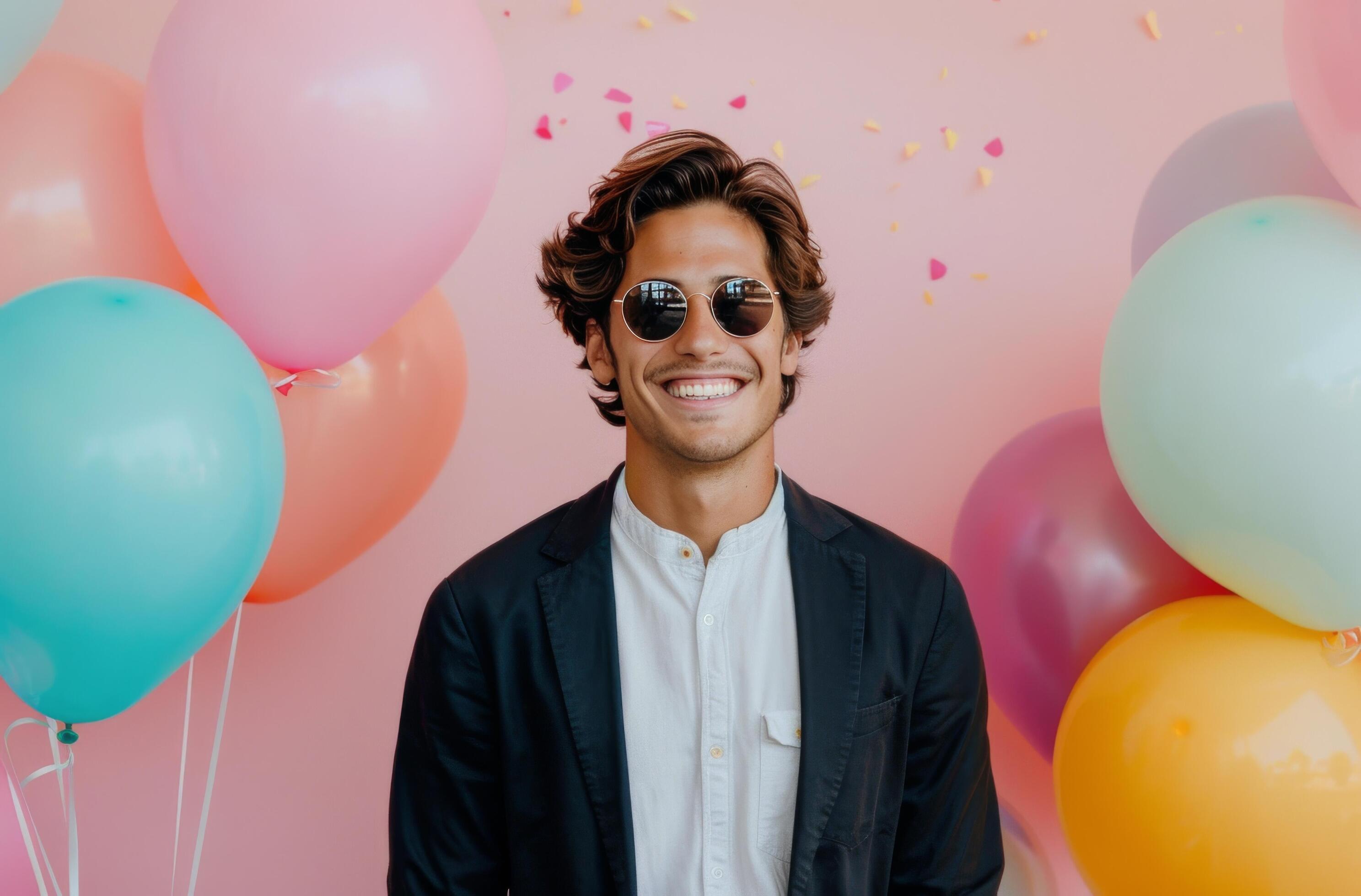 Young Man Smiling in Sunglasses With Colorful Balloons on a Pink Background Stock Free