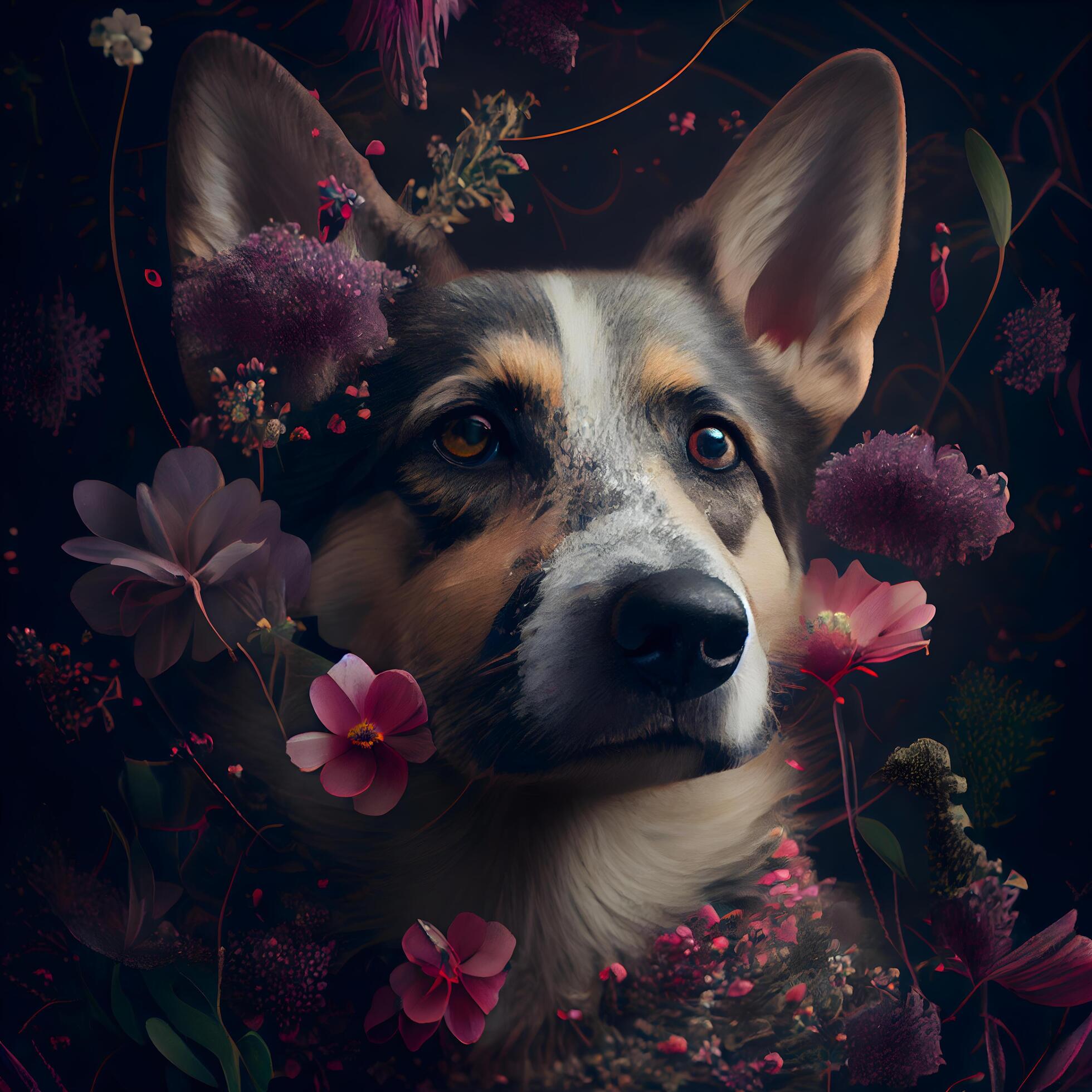 Portrait of a cute corgi dog with flowers on a dark background, Image Stock Free