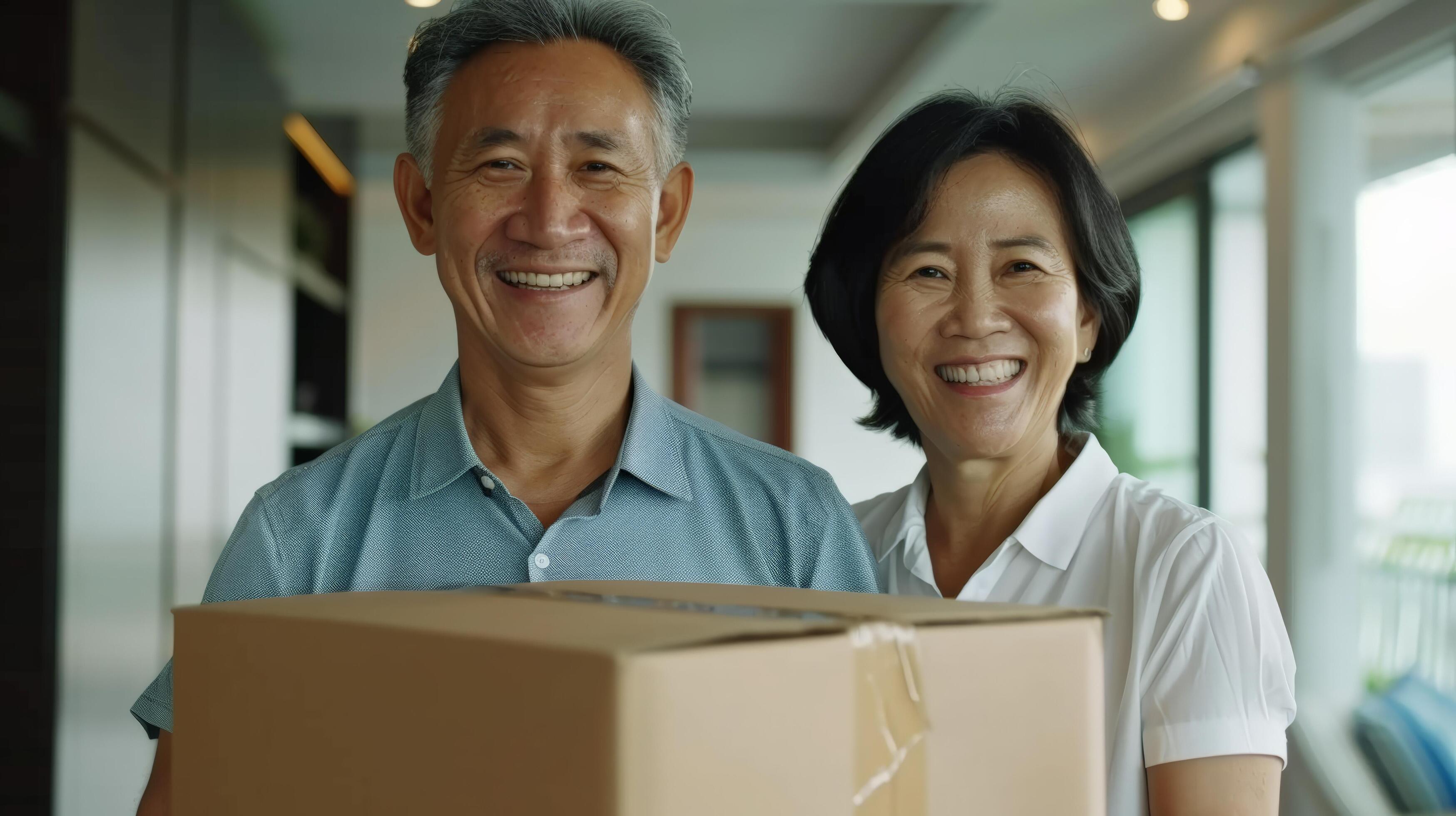 Smiling senior couple holding a cardboard box, standing in a modern living room, ready for moving or receiving a package. Stock Free