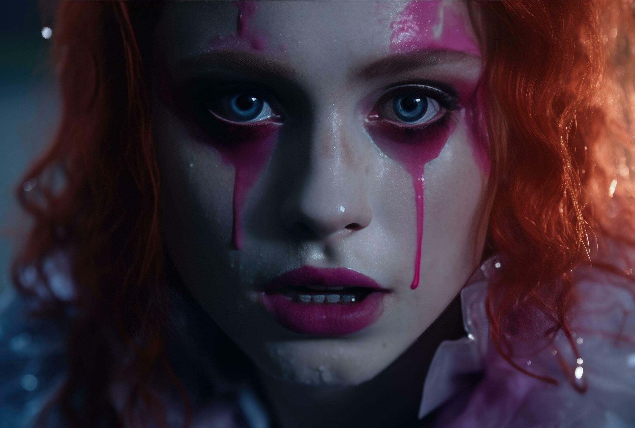 a red haired clown with make up in pink Free Photo