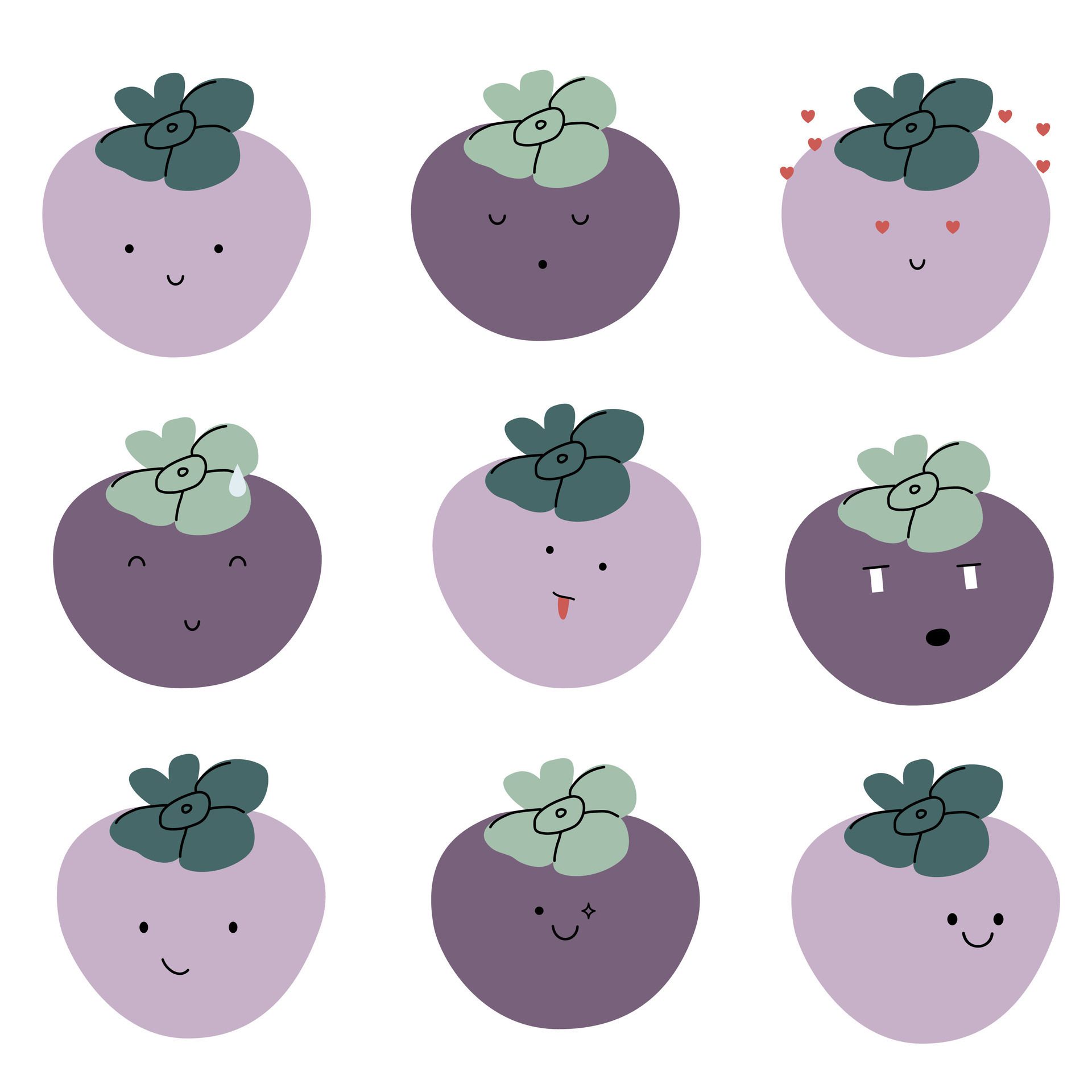 A set of cute hand drawn mangosteen with face expression character pattern. Cute fruit face expression Character. Pastel background Free Vector