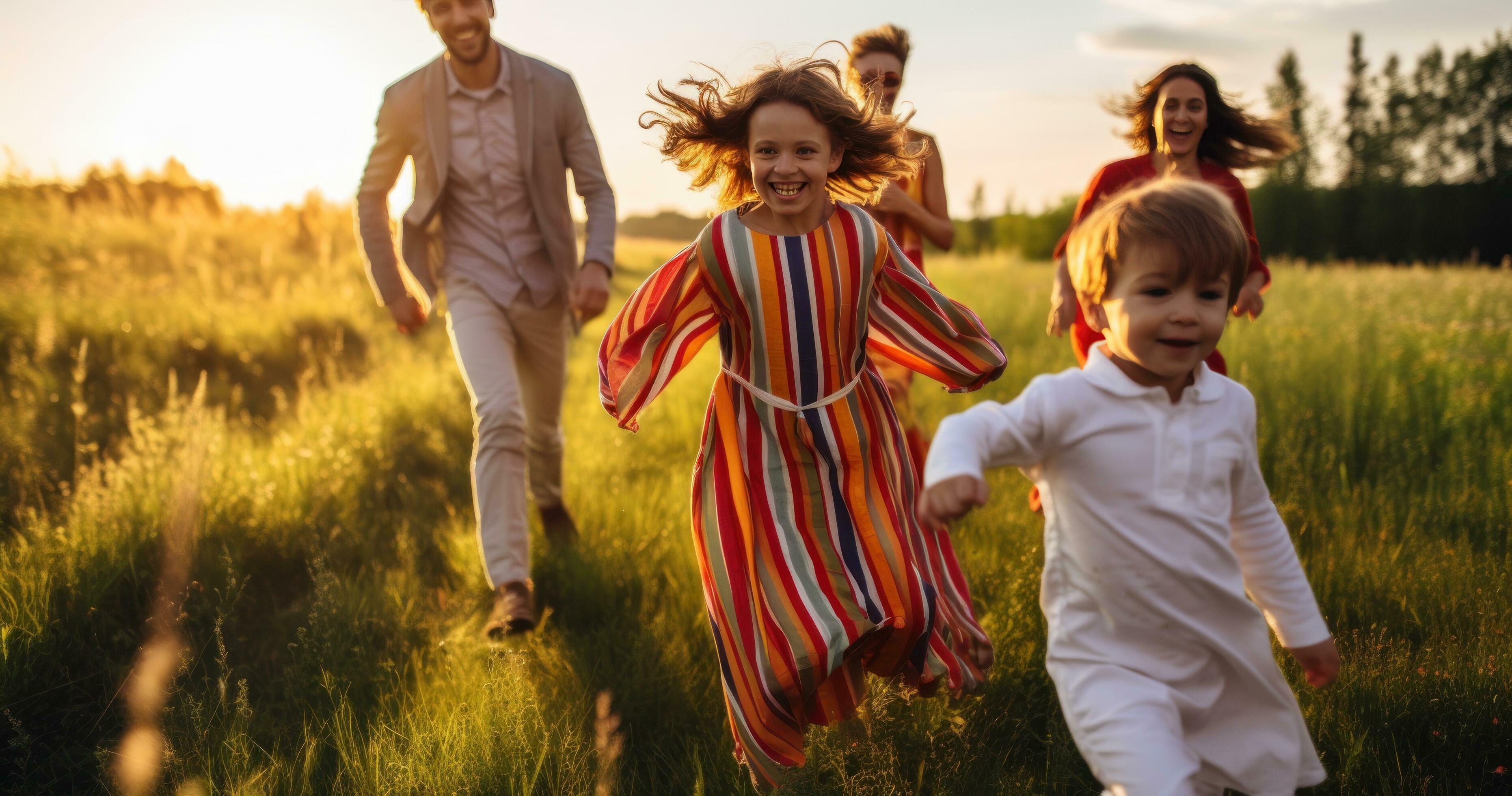 Happy family in running in summer field Stock Free