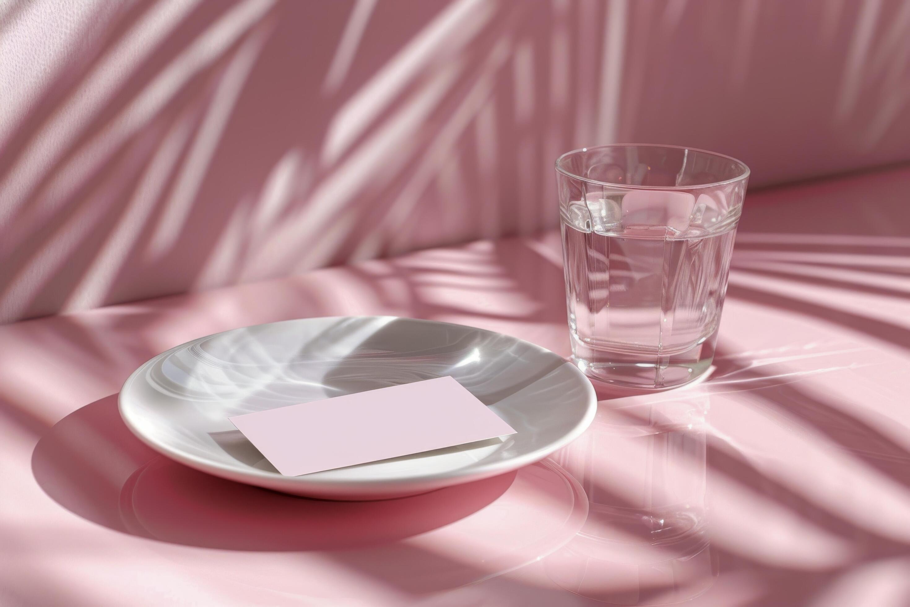 Glass of Water and White Card on Plate With Palm Leaf Shadows Stock Free