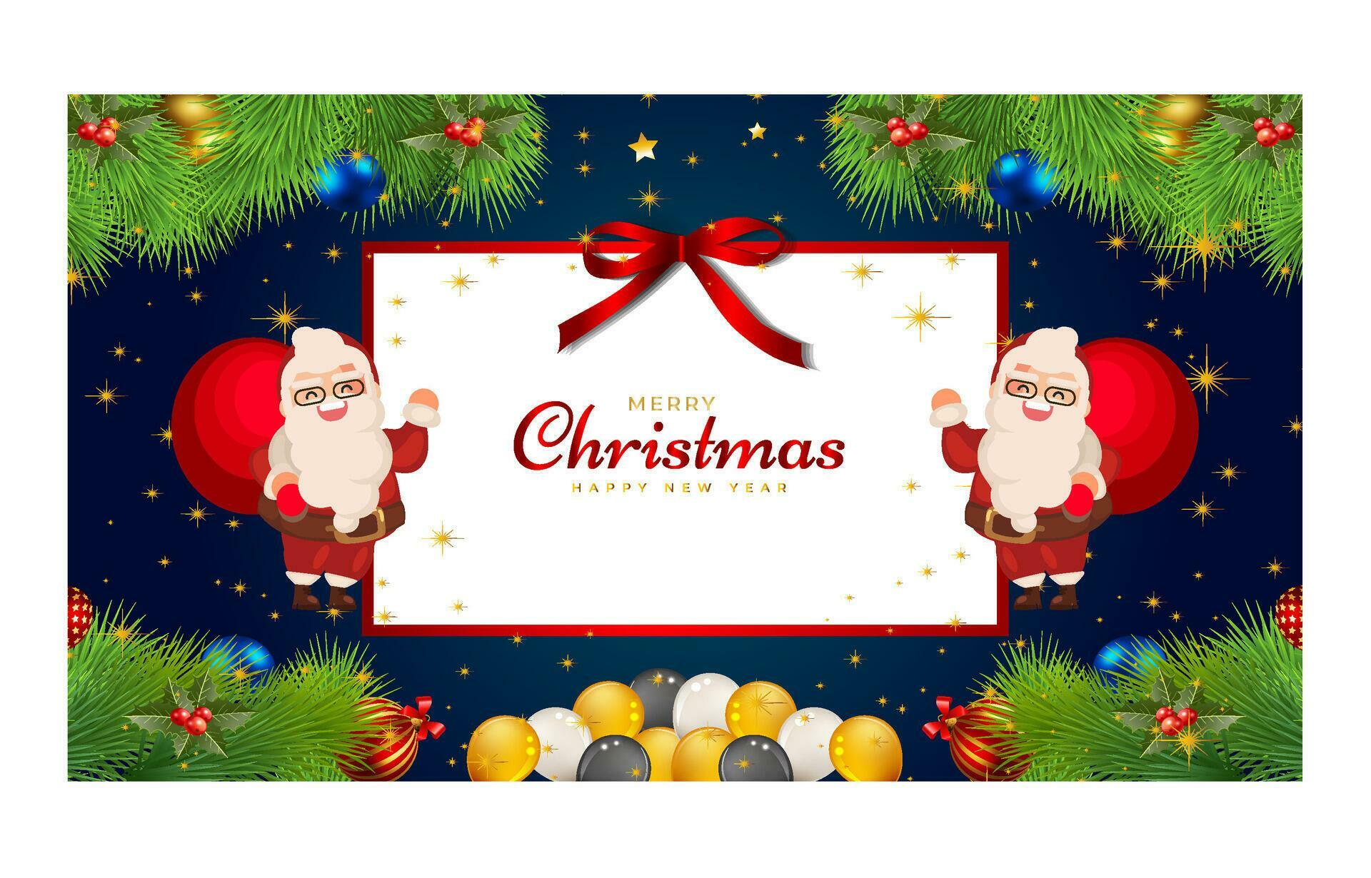 Merry Christmas and Happy New Year. Xmas background banner with Christmas flower, tree, star, balls and golden decoration design. Stock Free