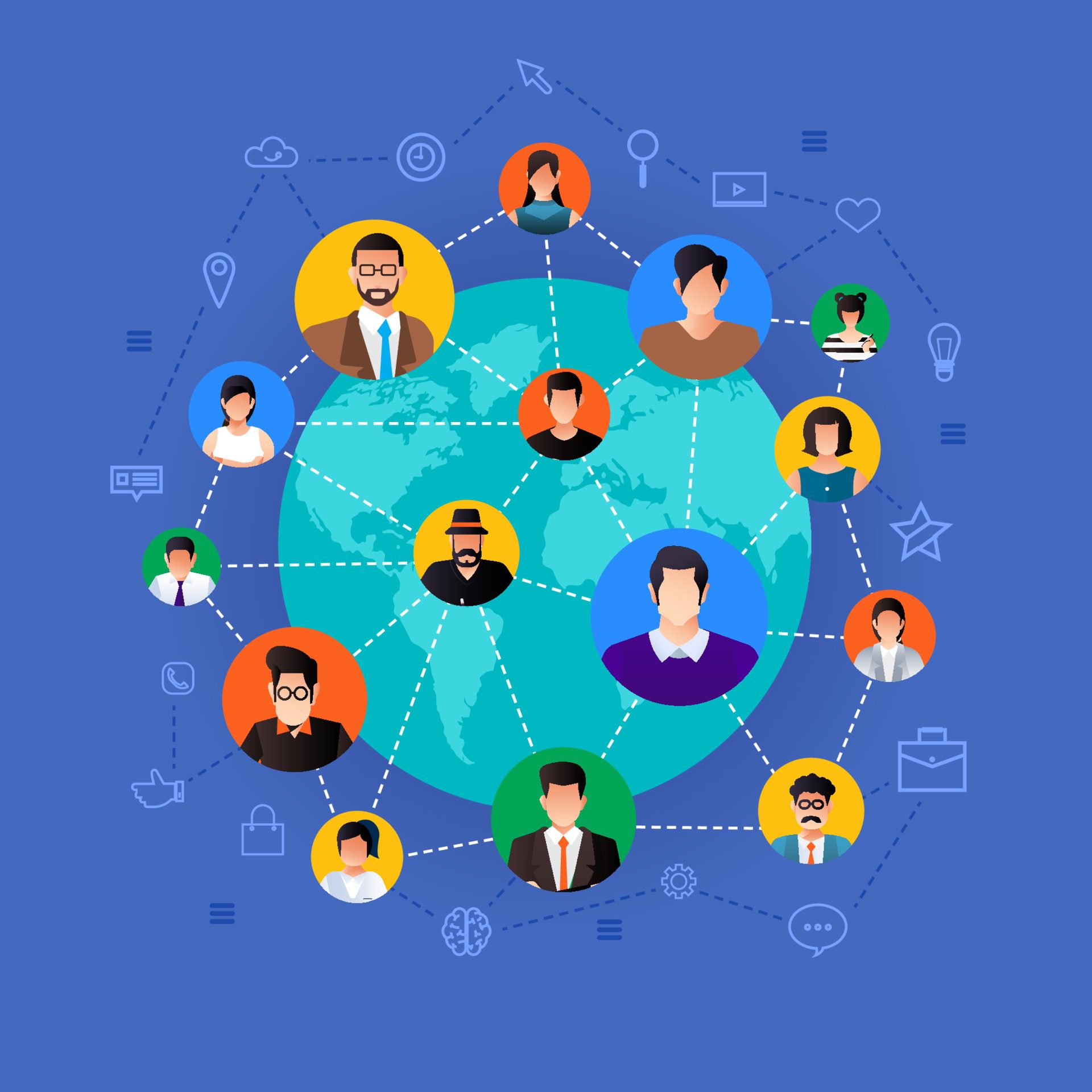 Flat design concept social network. Peoples connecting around the world with line and avatar icon. Vector illustrate. Free Vector