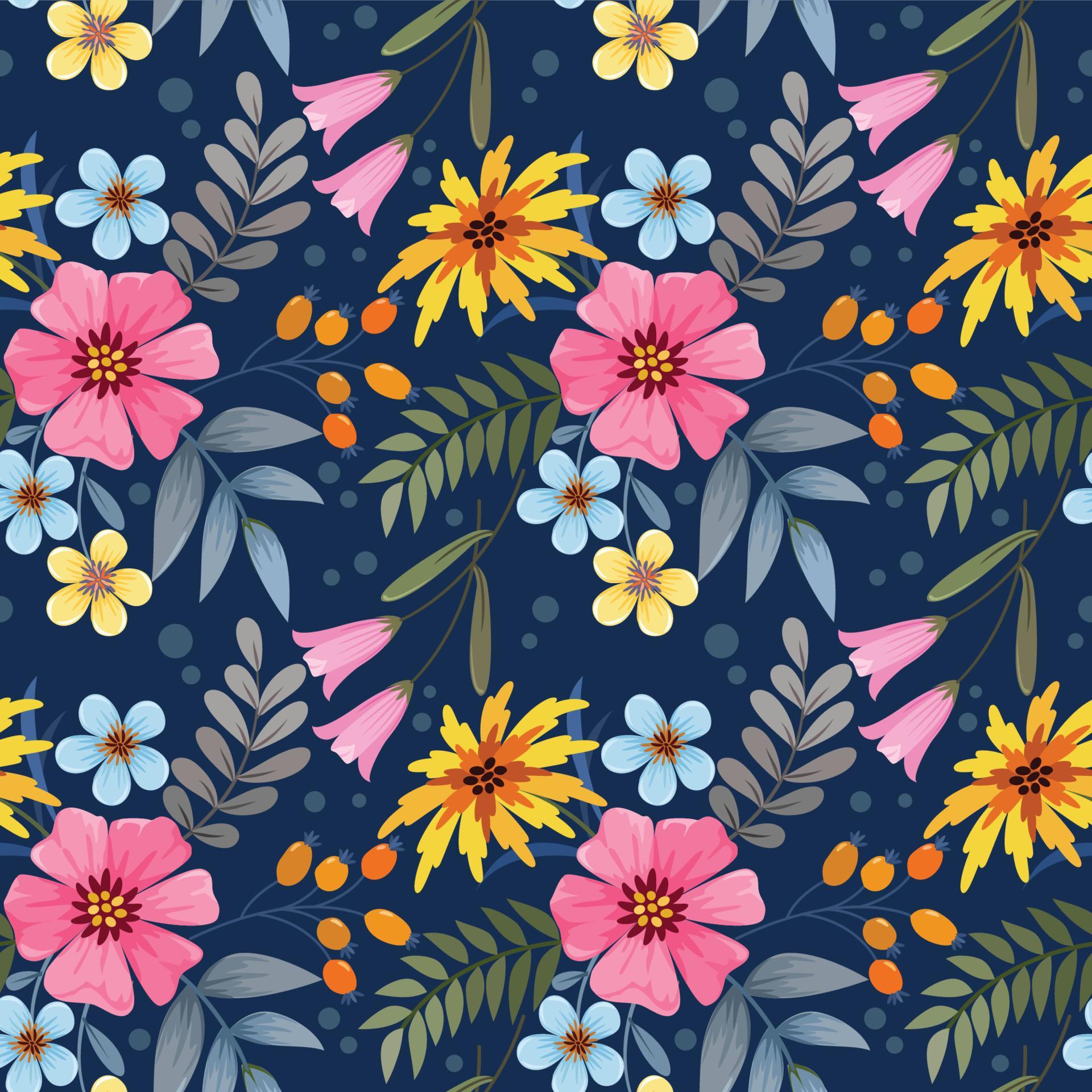 Colorful flowers on dark blue background seamless pattern. Stock Free