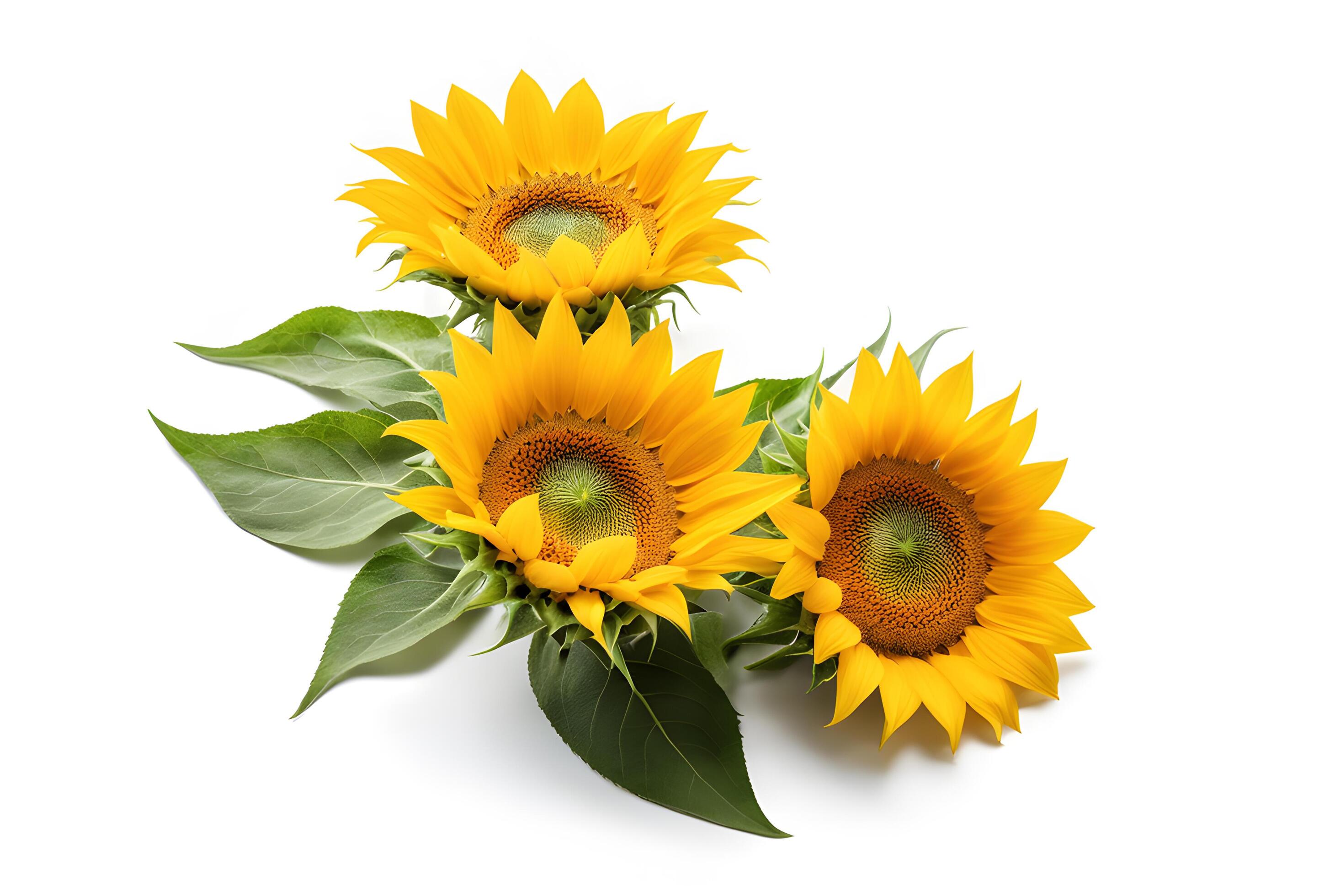 Top view blossom of sunflowers isolated on white background. Seeds and oil. Flat lay flowers object on center composition, Clipping path Stock Free