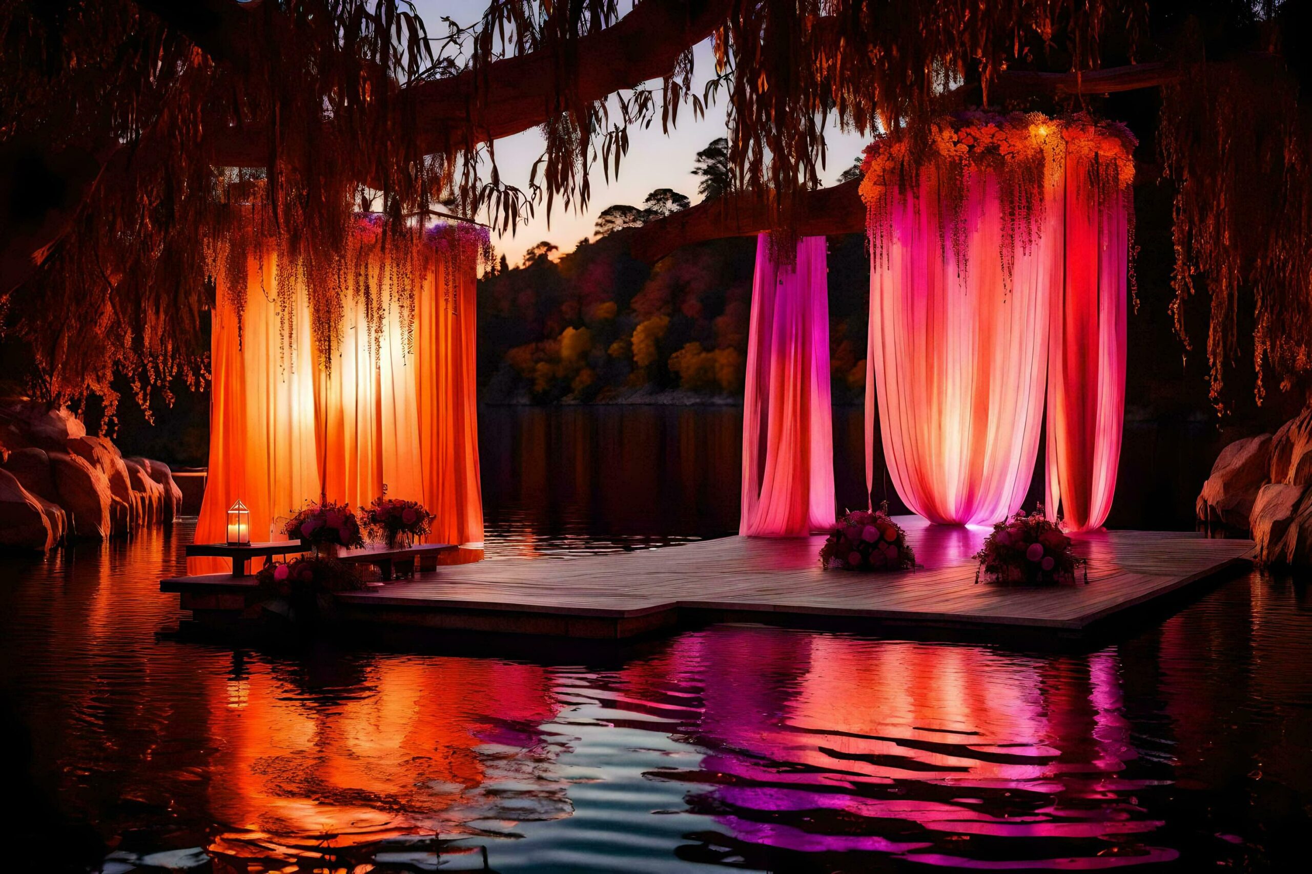 a wedding ceremony on a dock with purple curtains Free Photo