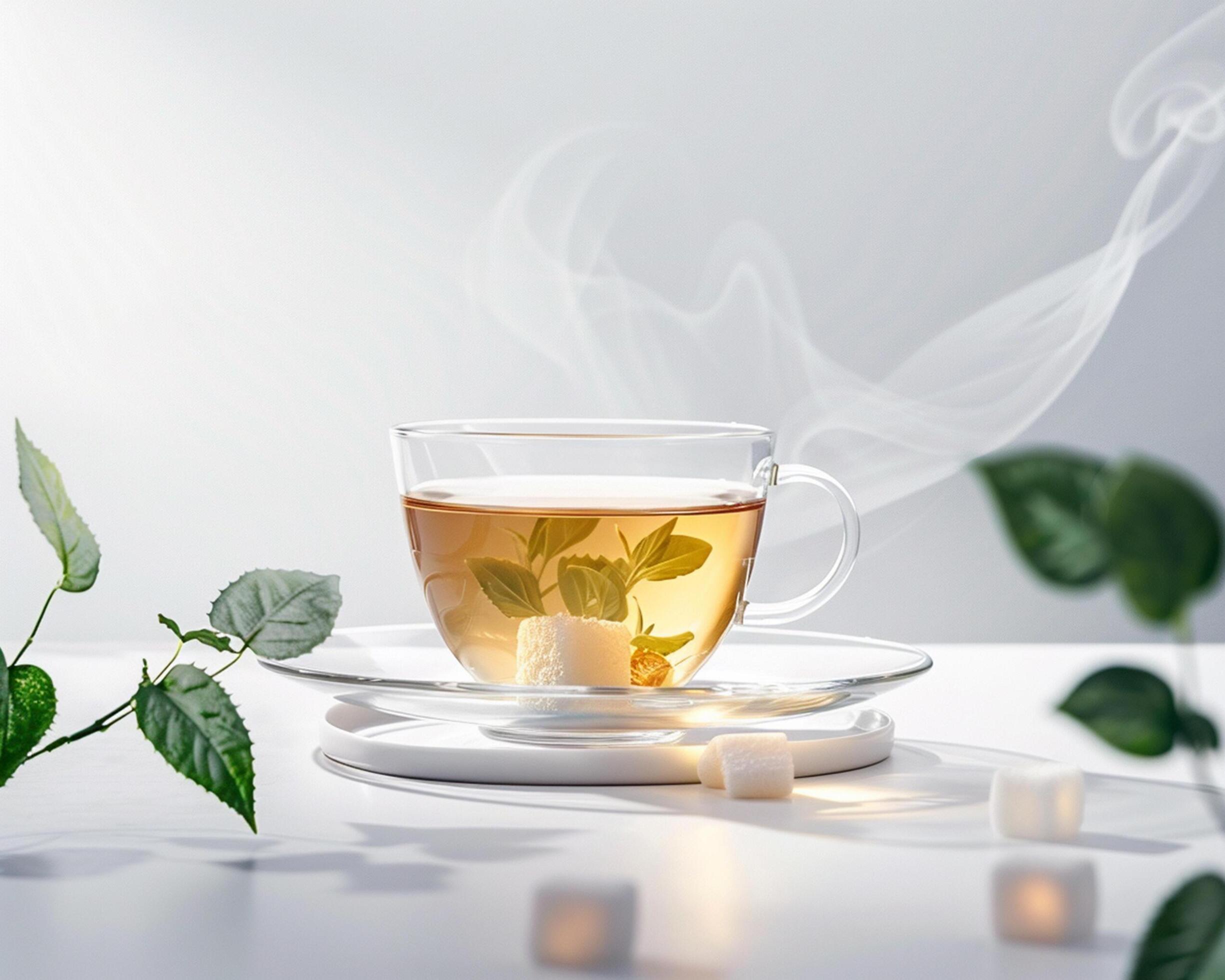 a cup of tea with leaves and sugar cubes on a white table Stock Free