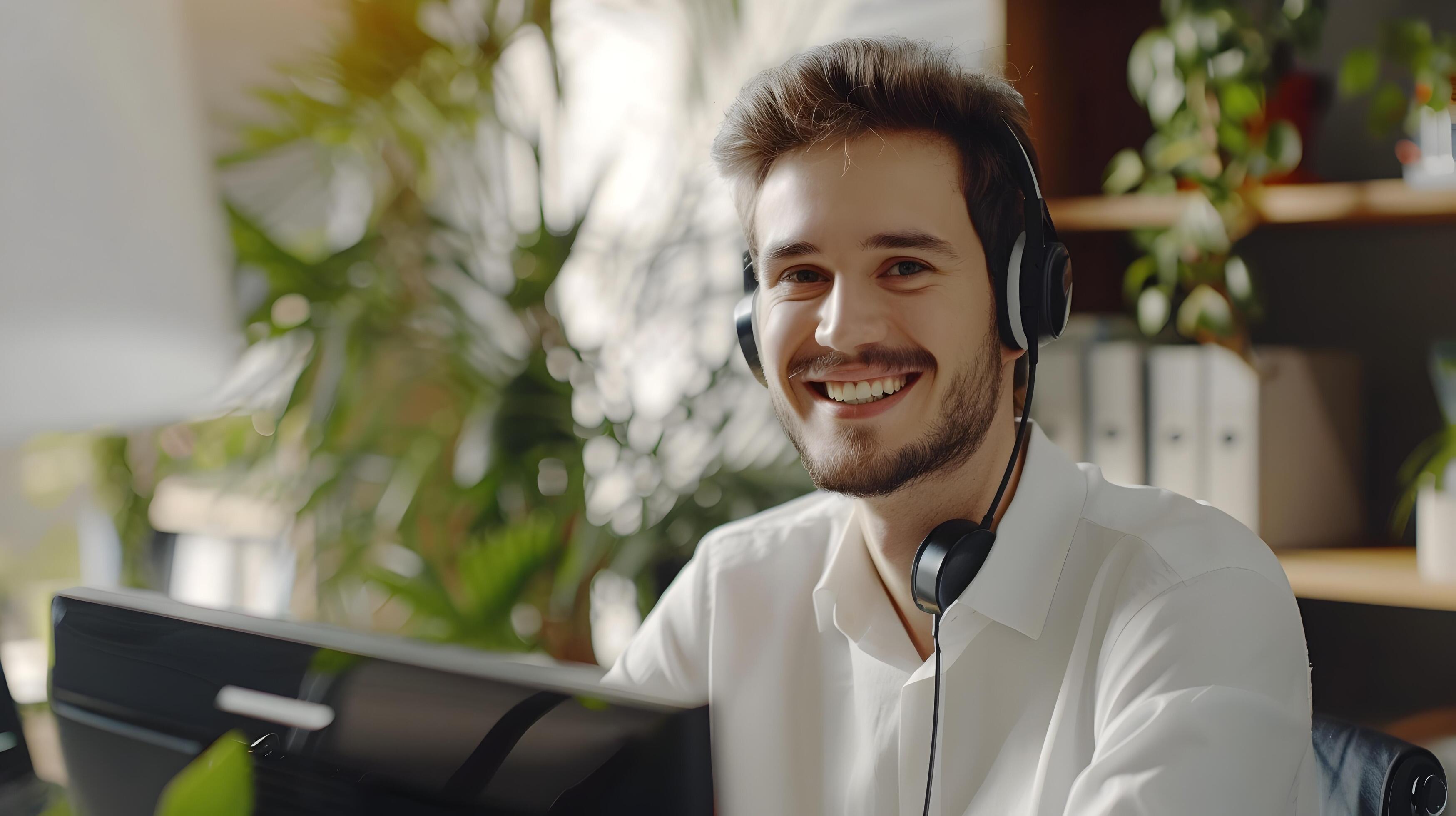 Happy Young Customer Care Representative Working at Computer Desk in Modern Office Stock Free