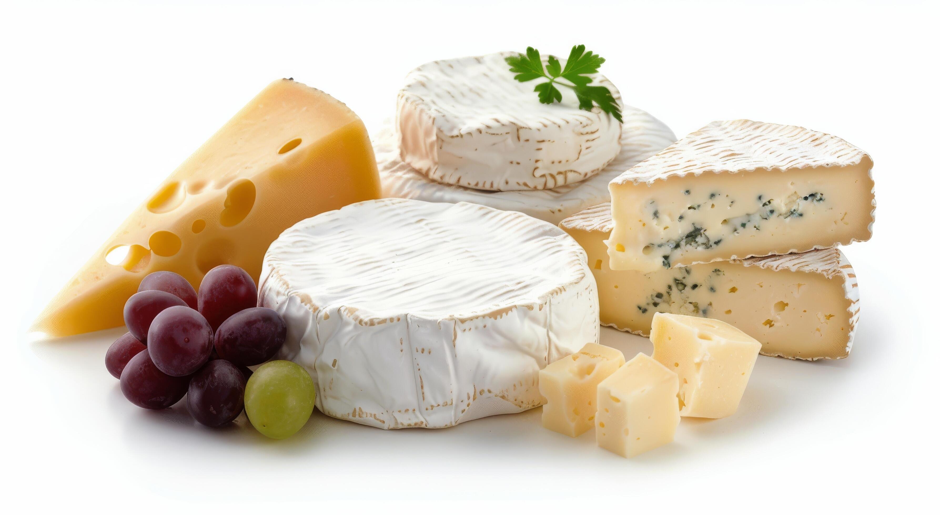 Gourmet Cheese Selection With Grapes and Fresh Mint on White Background Stock Free