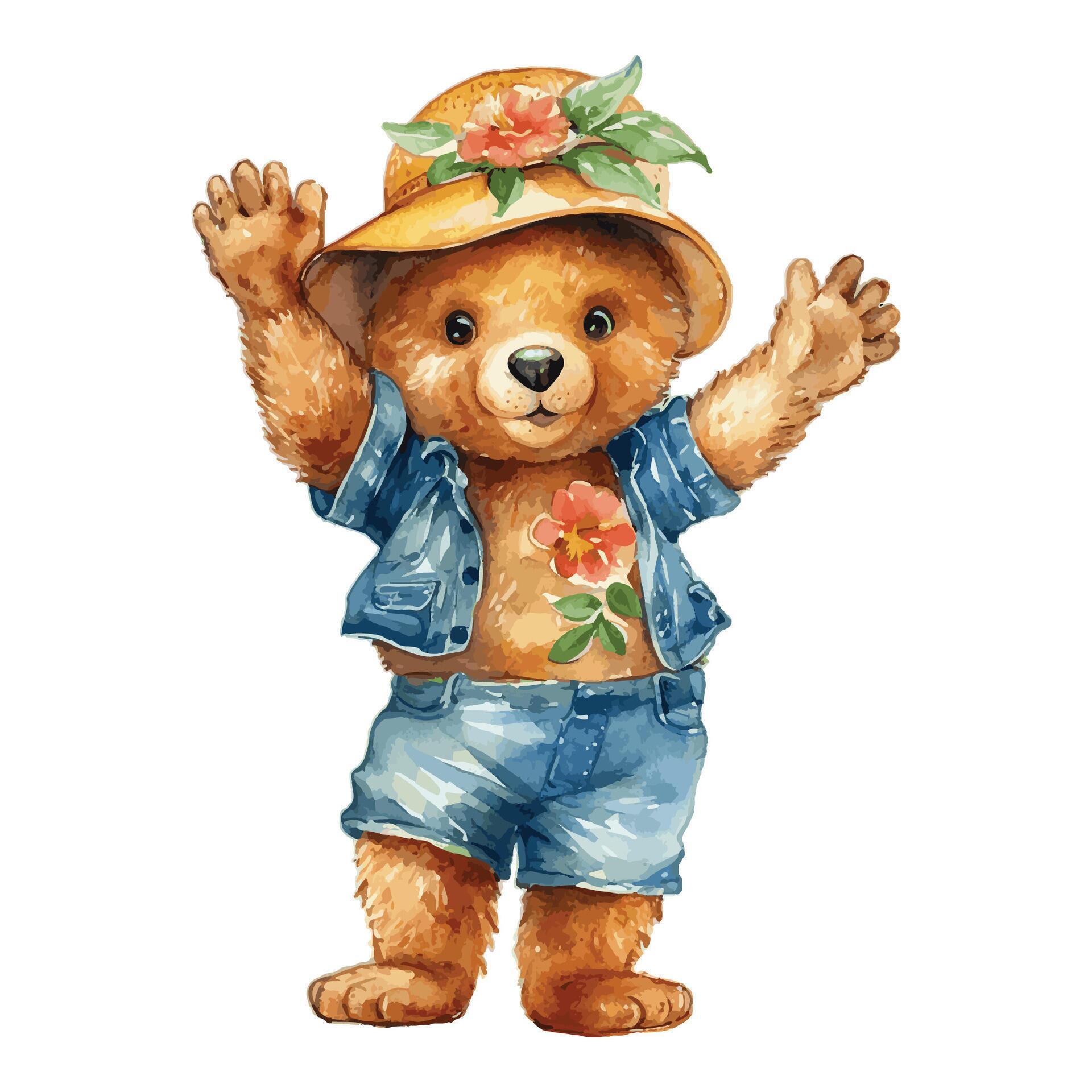 Watercolor Cute Bear Wearing Flower Hat, Denim Shirt And Pants Raising Both Hands Concept Stock Free