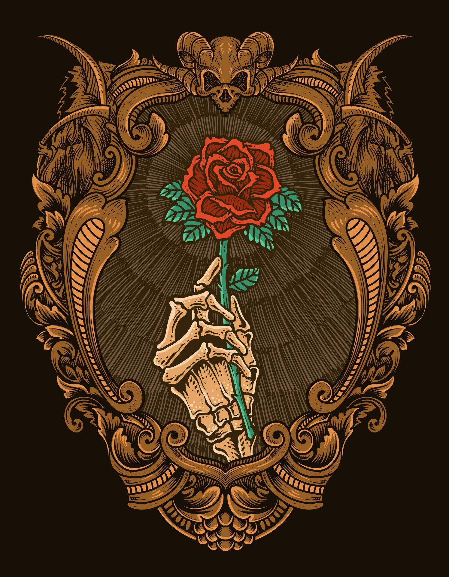 Illustration vector skull holding rose flower with engraving ornament frame Stock Free