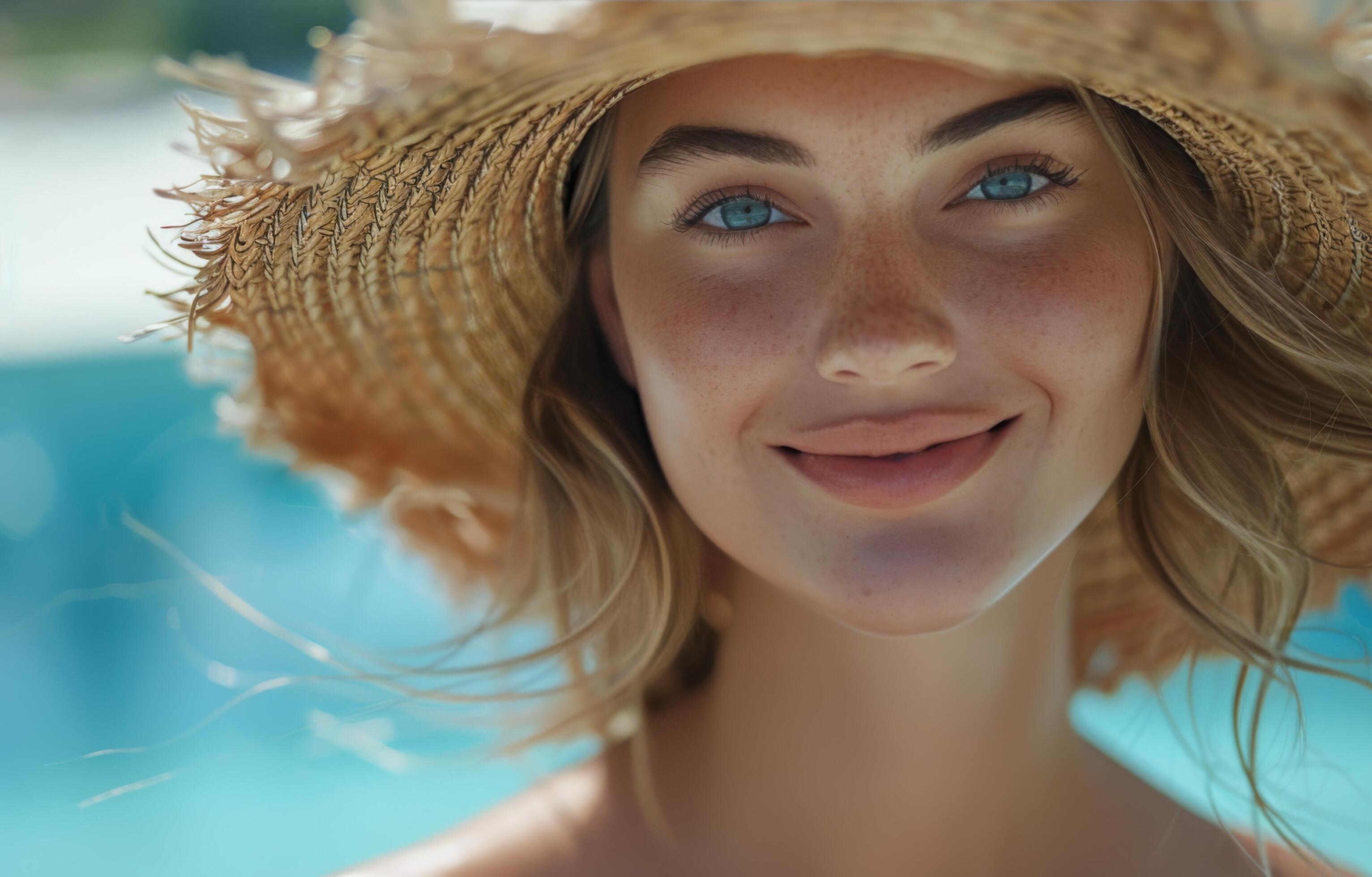 Young Woman With Straw Hat Smiling by Pool on Sunny Day Stock Free