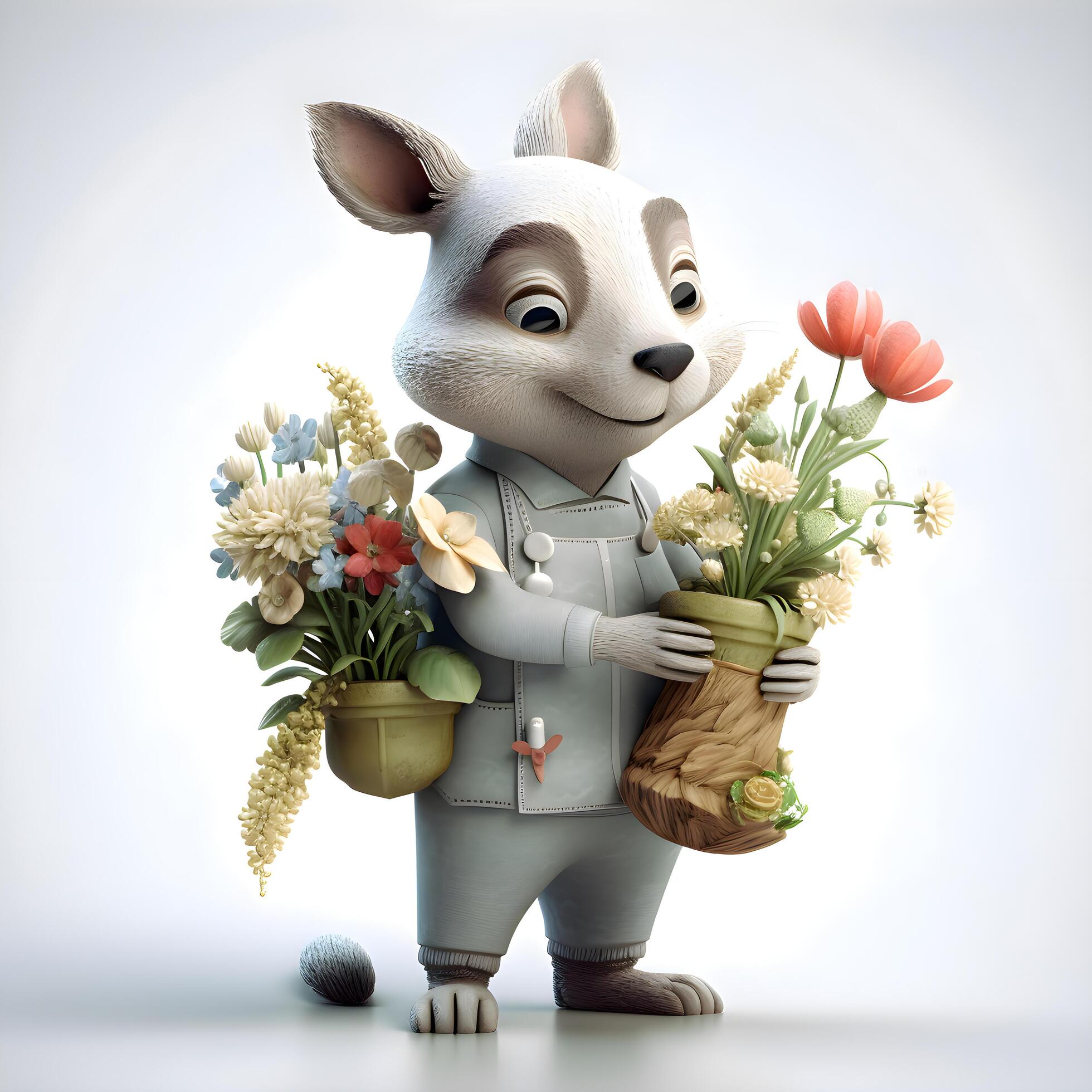 Easter bunny with easter eggs and flowers. 3D rendering, Image Stock Free