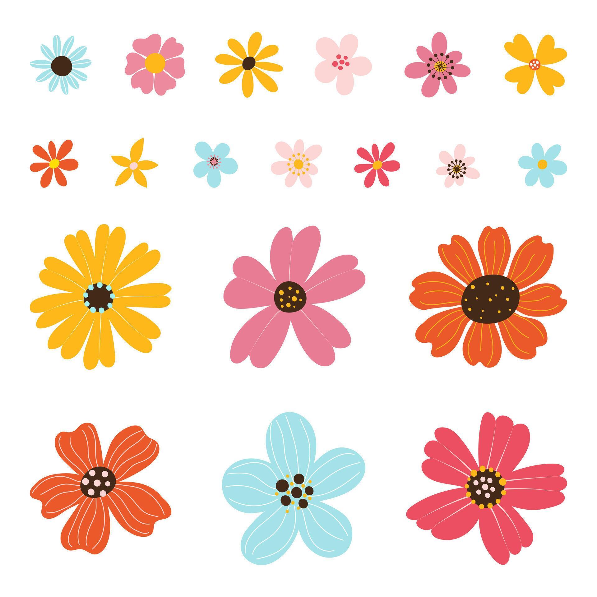 Collection isolated different colorful hand drawn heads of flower in flat vector style. Stock Free