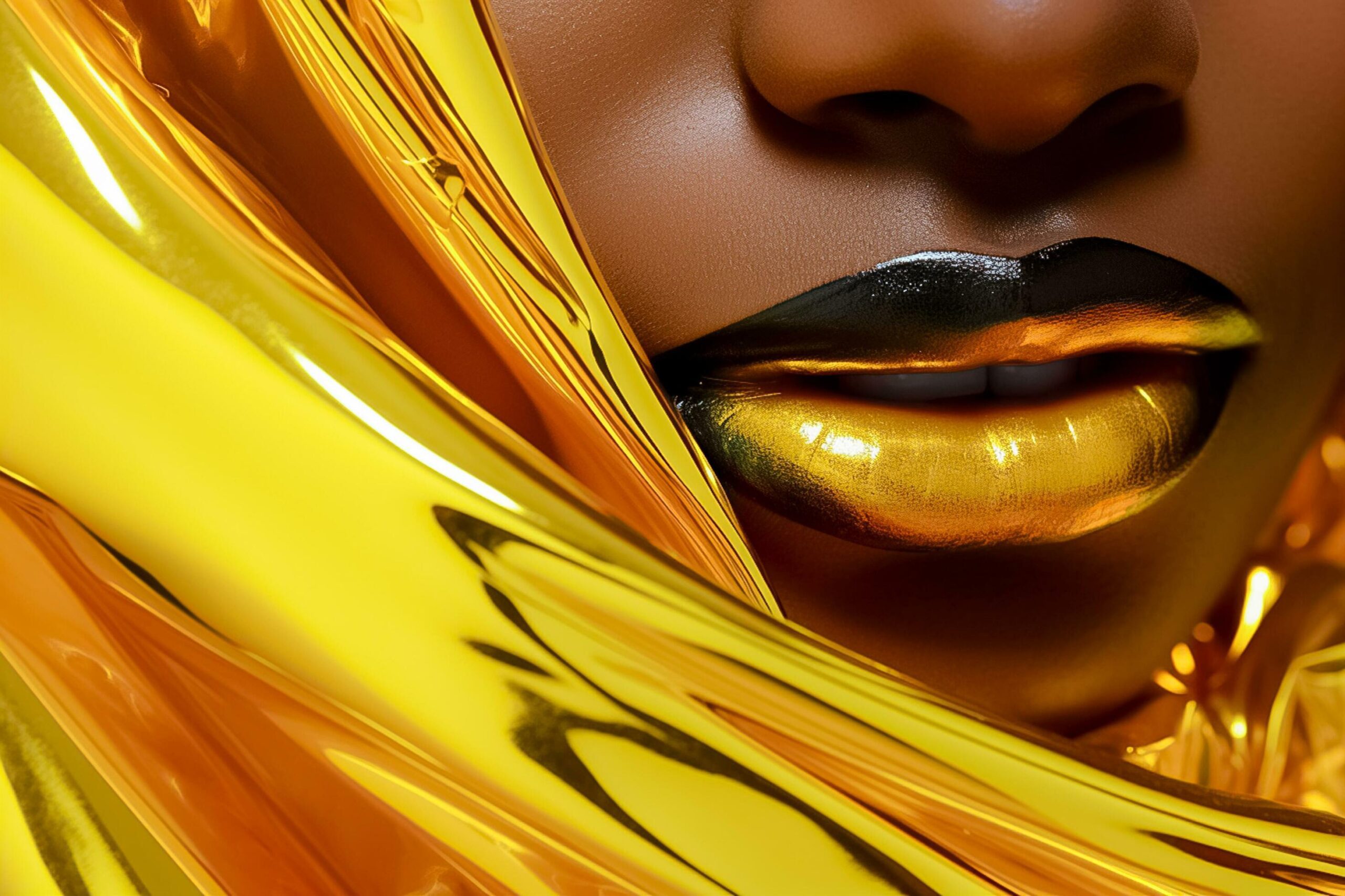 Close-up portrait beautiful woman with abstract yellow wave shapes in face.AI Generated Free Photo