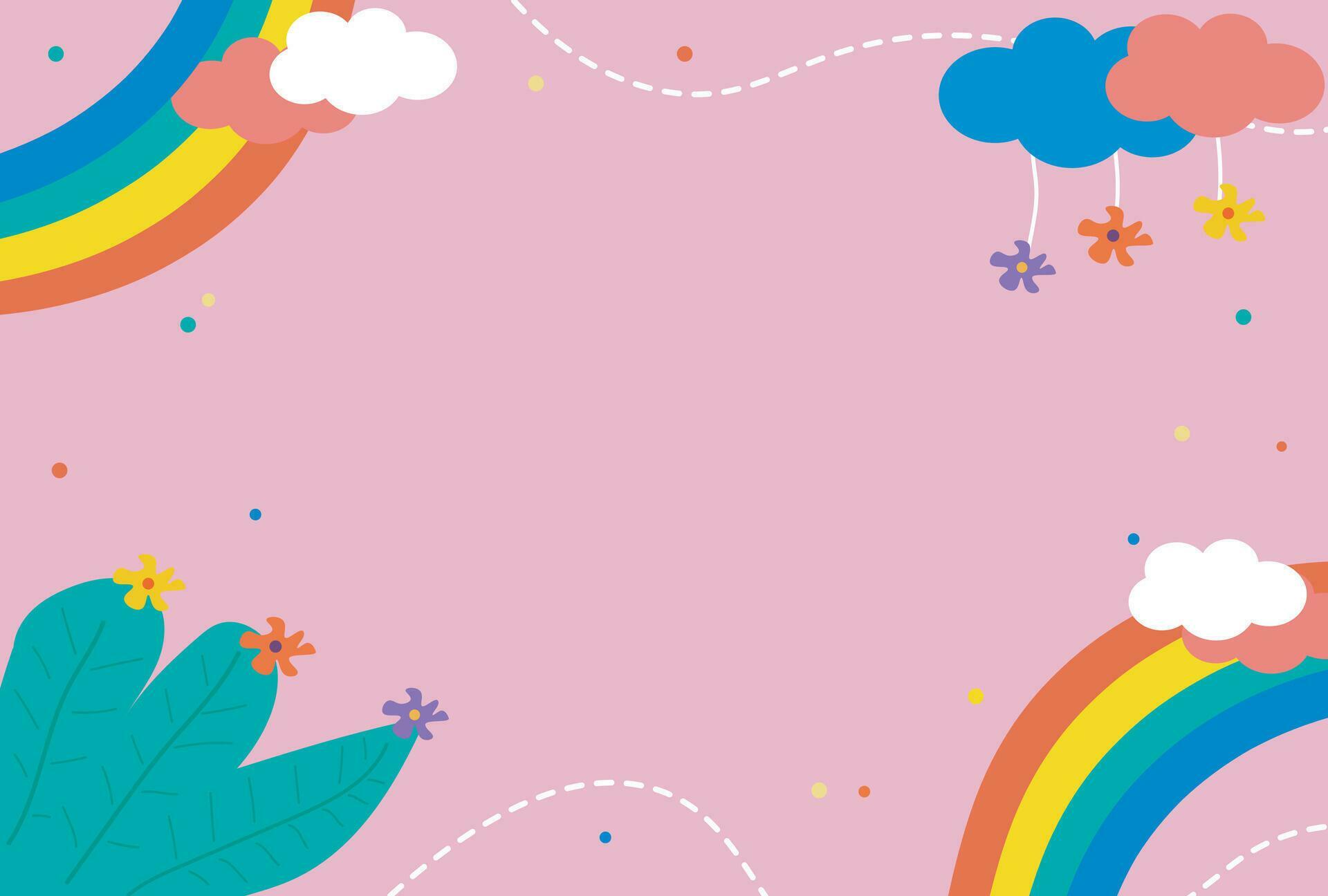 Cute hand drawn flat world children’s day background with rainbow, cloud, foliage and flowers Stock Free