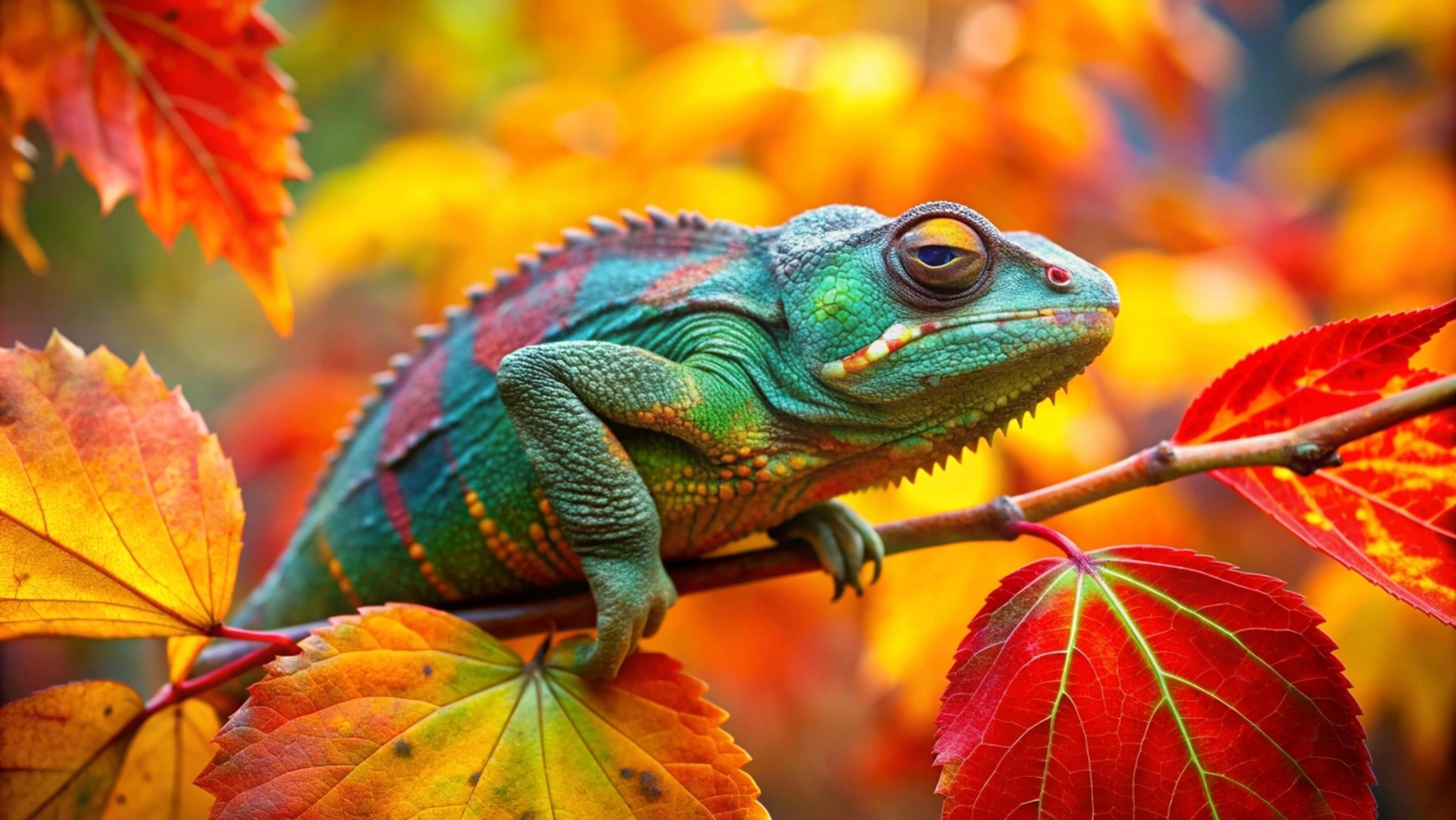 A vibrant chameleon camouflaging against a lush green forest background. Stock Free