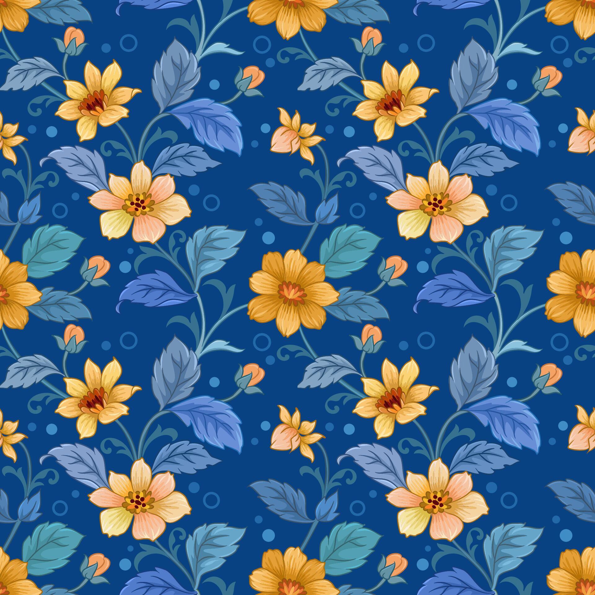 Beautiful blooming flowers design on blue color background seamless pattern. Stock Free