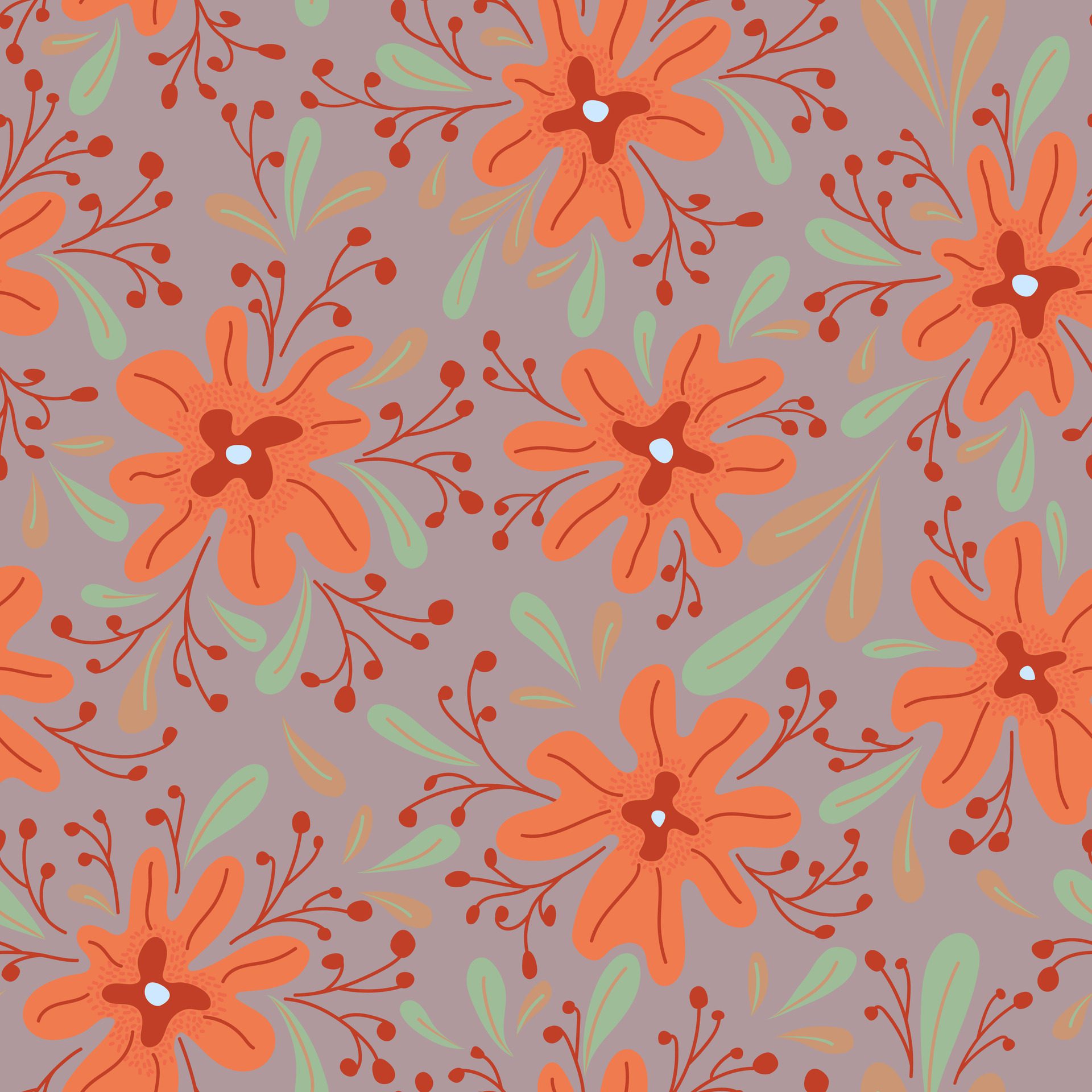 Seamless pattern with hand drawn flowers and branh with leaves and berries Free Vector