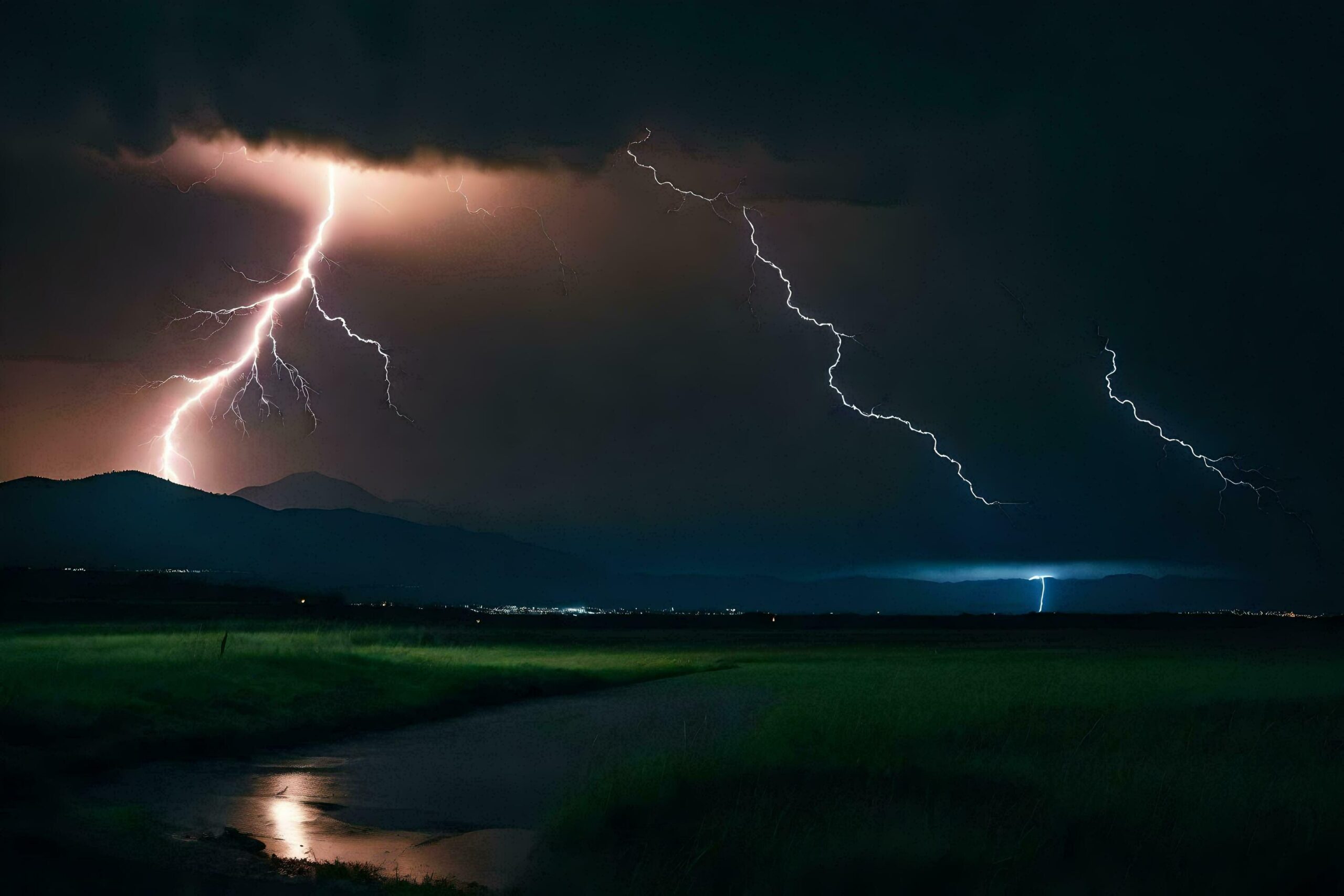 lightning strikes over a river and mountains Free Photo