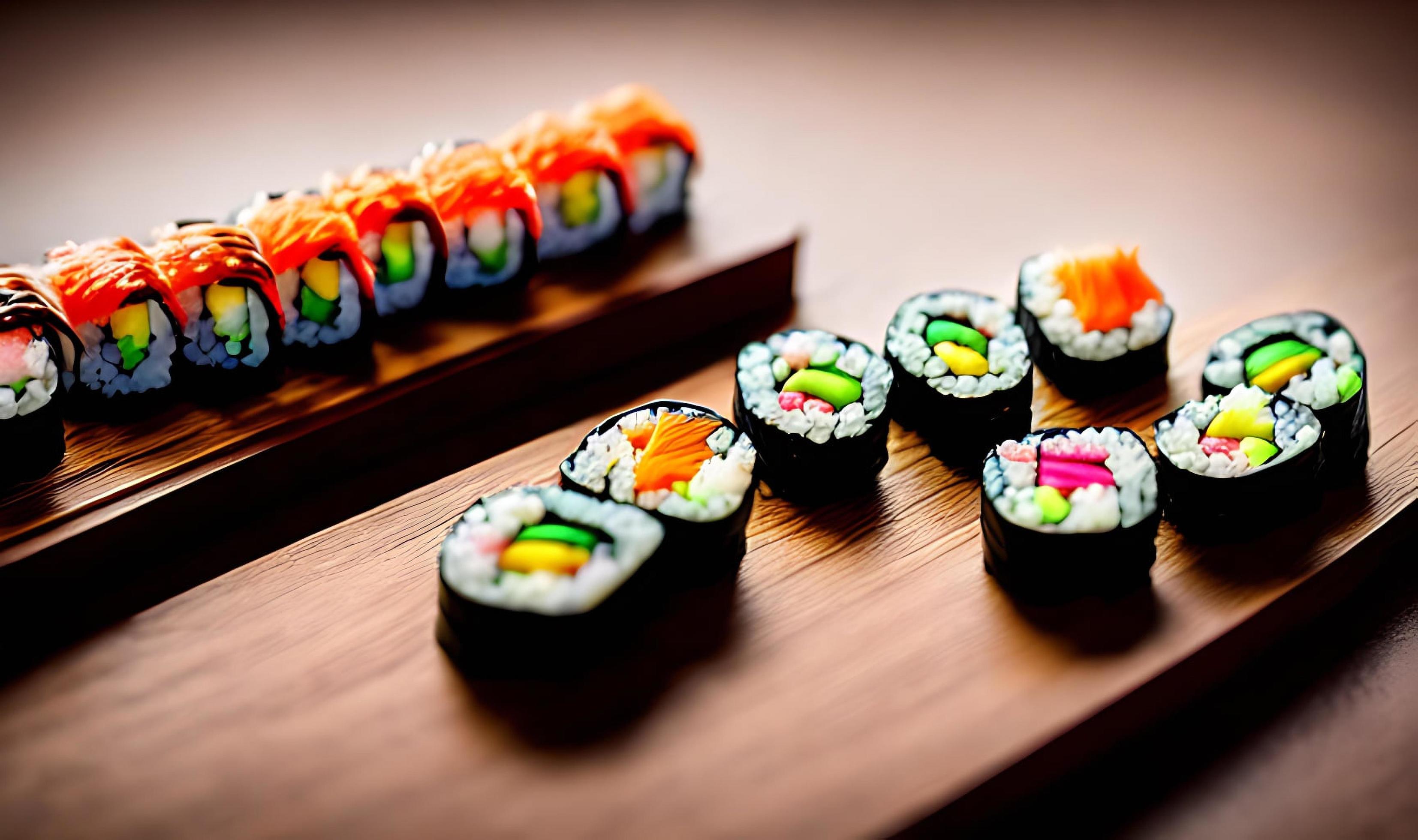 Traditional, fresh delicious sushi rolls food. Creative Sushi. Stock Free