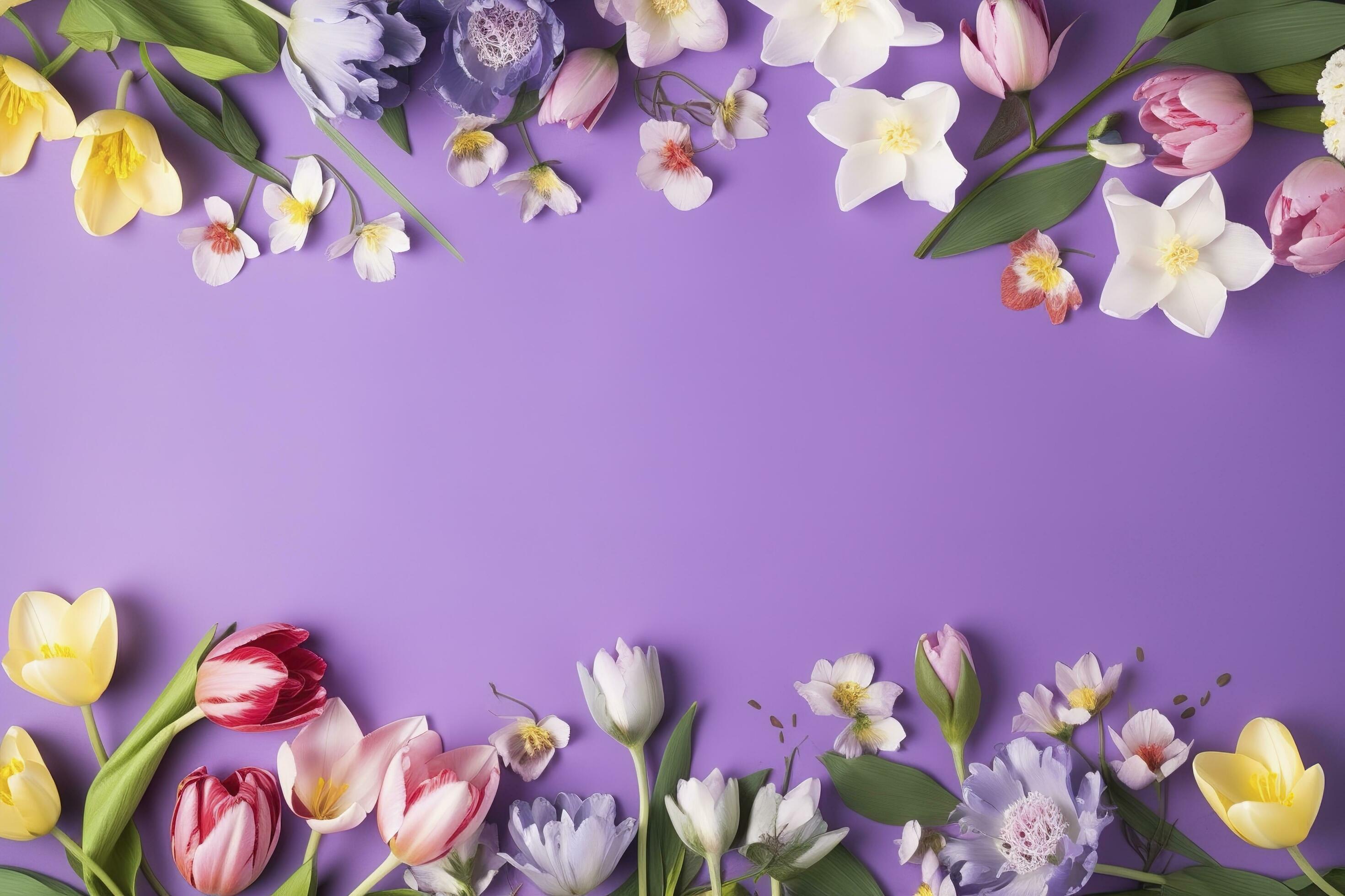 multicolored spring flowers on purple background , generate ai Stock Free