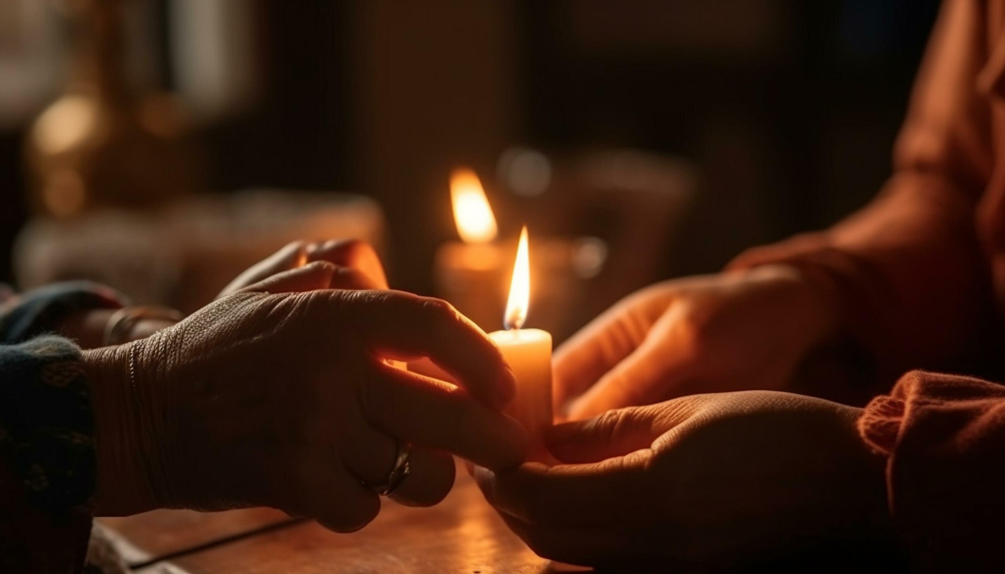 Hand holding candle illuminates tranquil family celebration generated by AI Stock Free