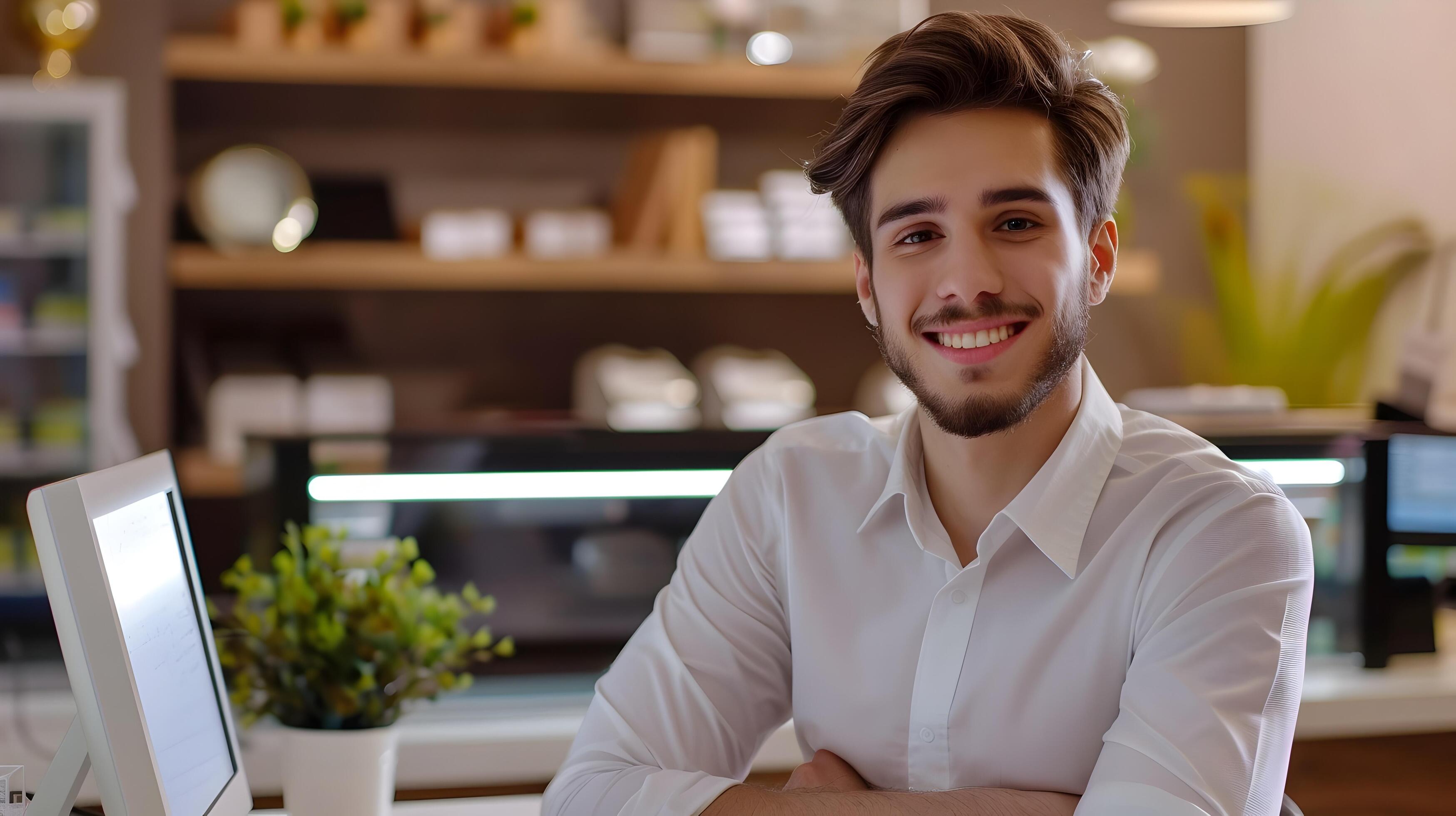 Cheerful Young Professional Smiling at Desk in Bright Office Stock Free