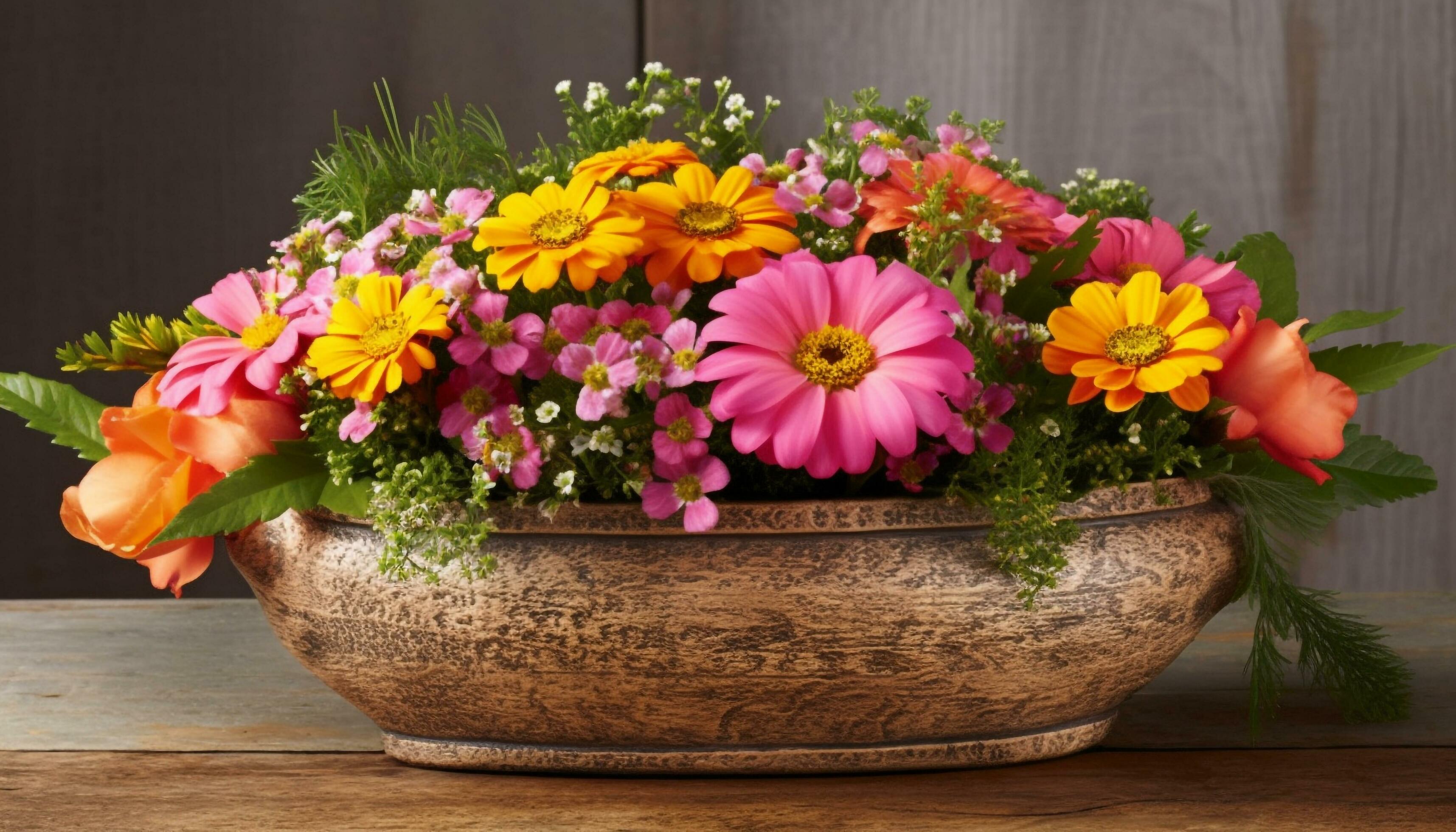 Vibrant bouquet of multi colored gerbera daisies in rustic flower pot generated by AI Stock Free