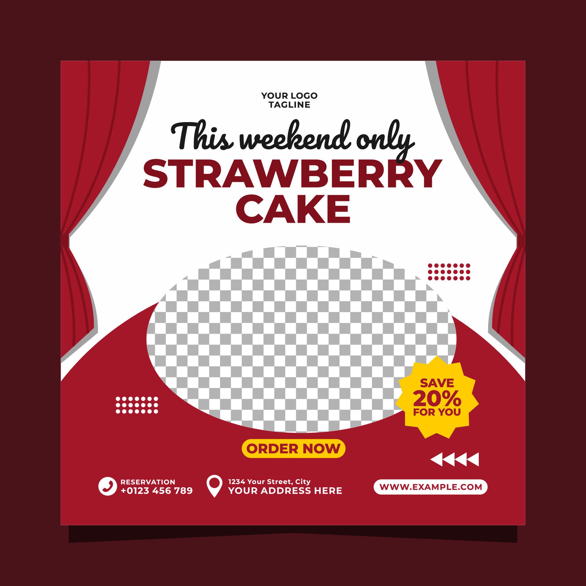 Strawberry cake social media post banner square vector template Free Vector