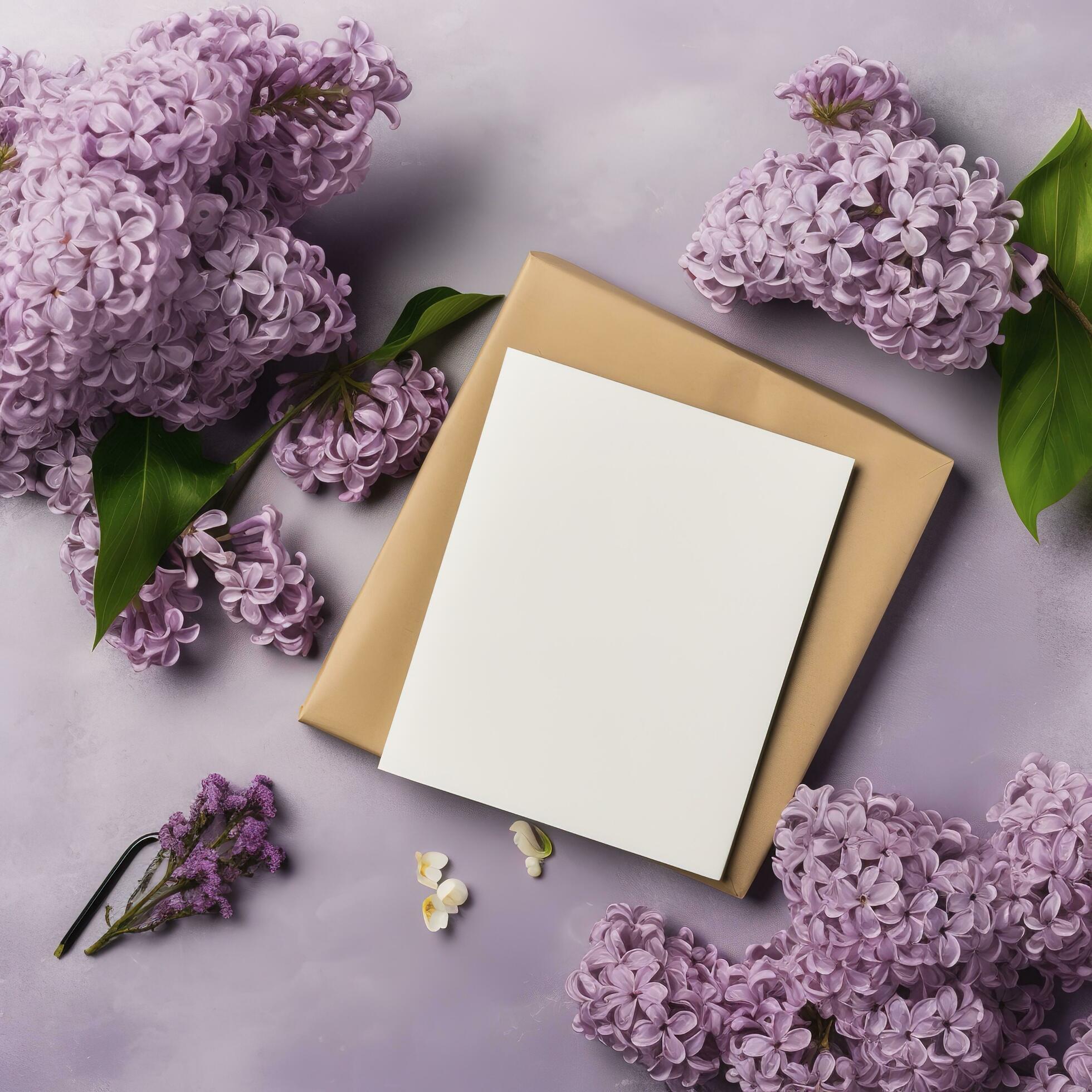 Flat lay with lilac and blank greeting card, flowers and book , generat ai Stock Free