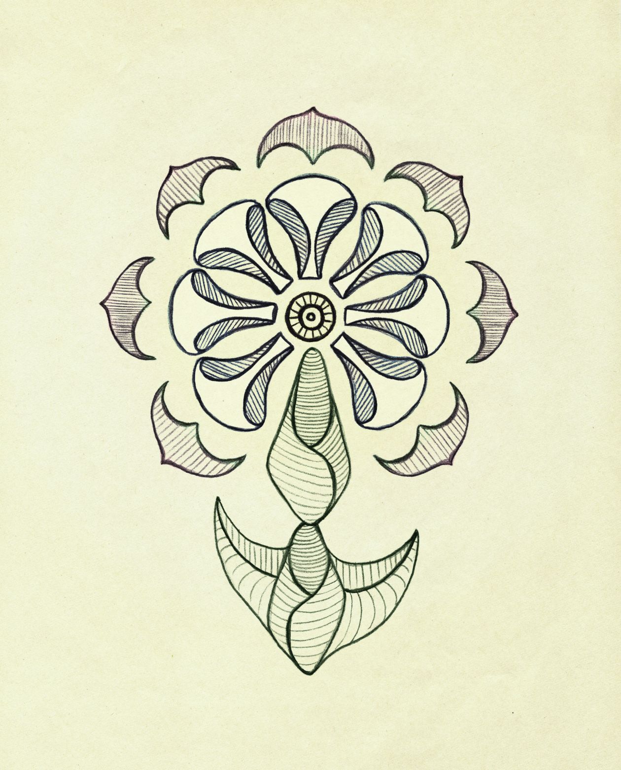 Symmetrical flower on yellow paper. Retro styling. Freehand drawing. Stock Free