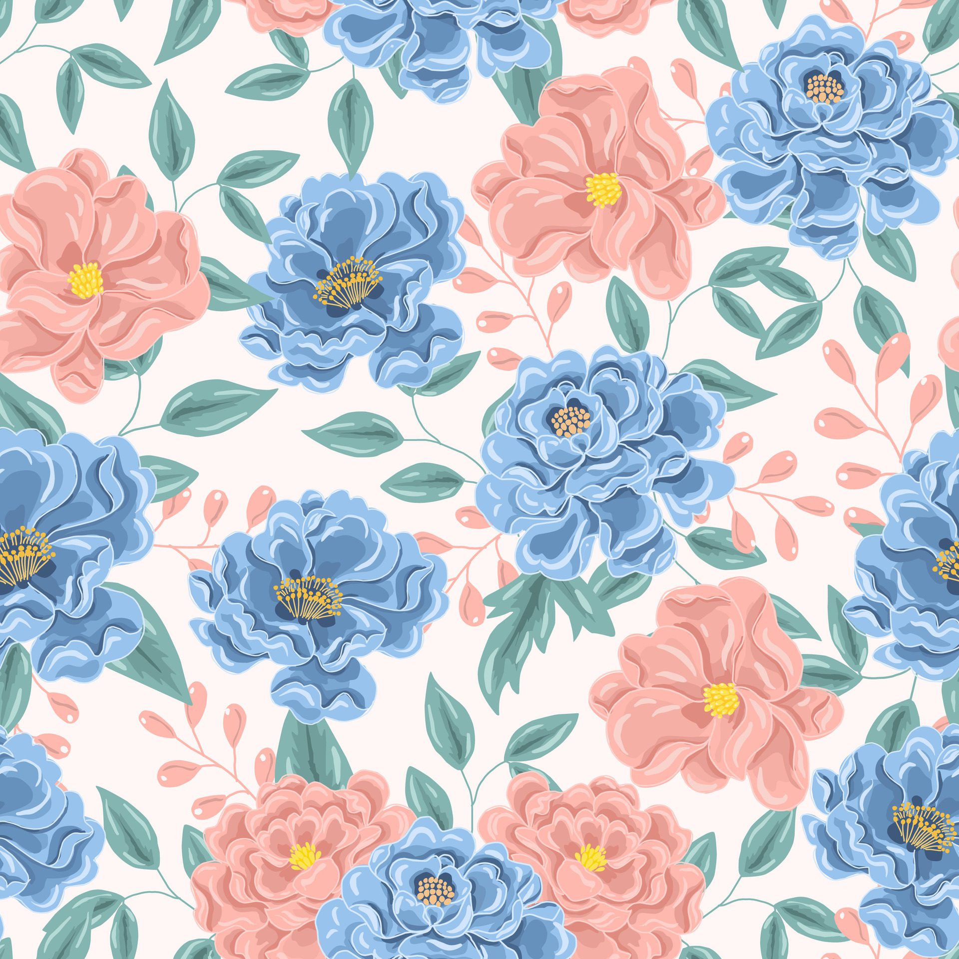 Hand Drawn Blue and Pink Rose Seamless Pattern Free Vector