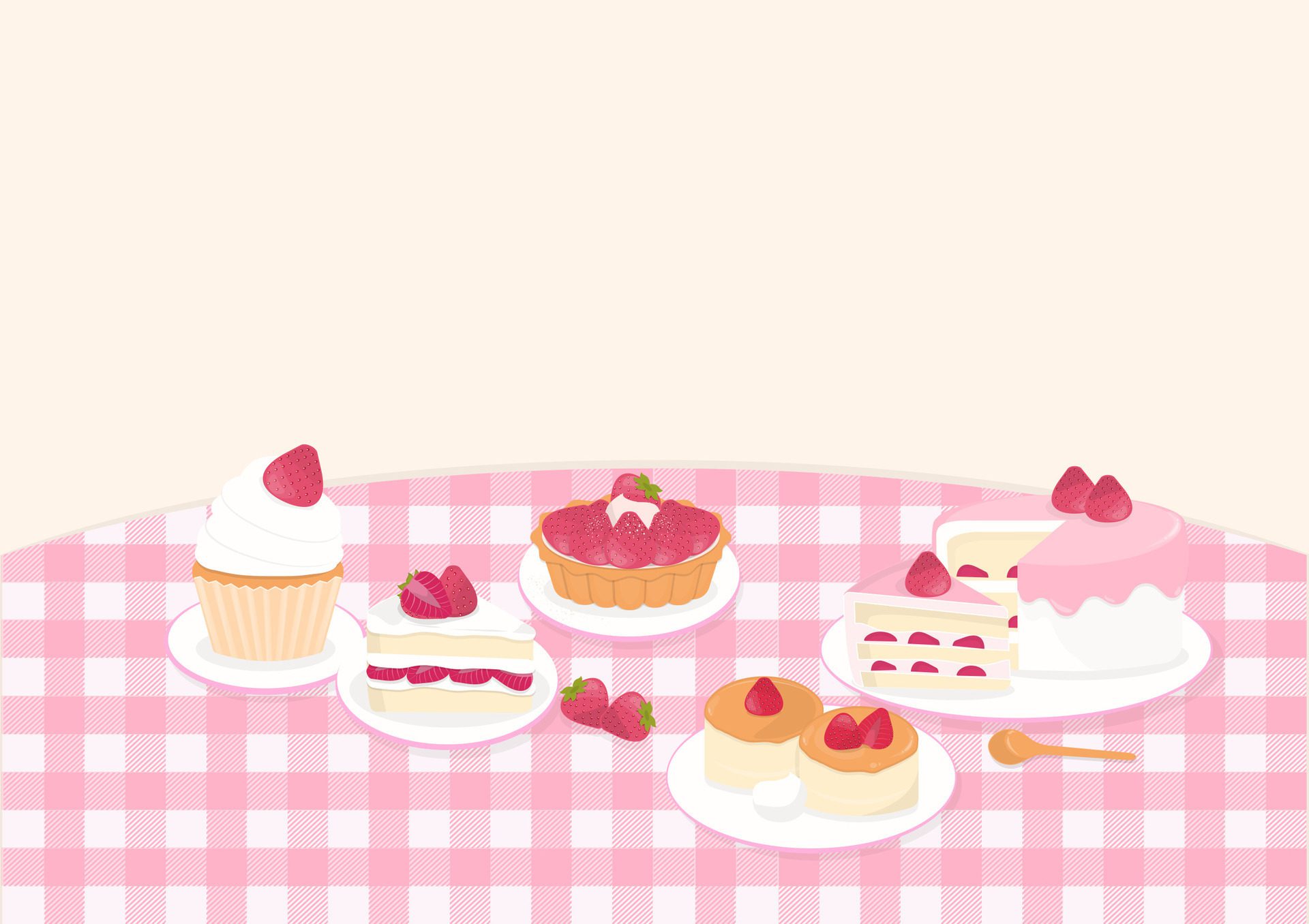 Strawberry cake with plaid pattern on cream background Free Vector