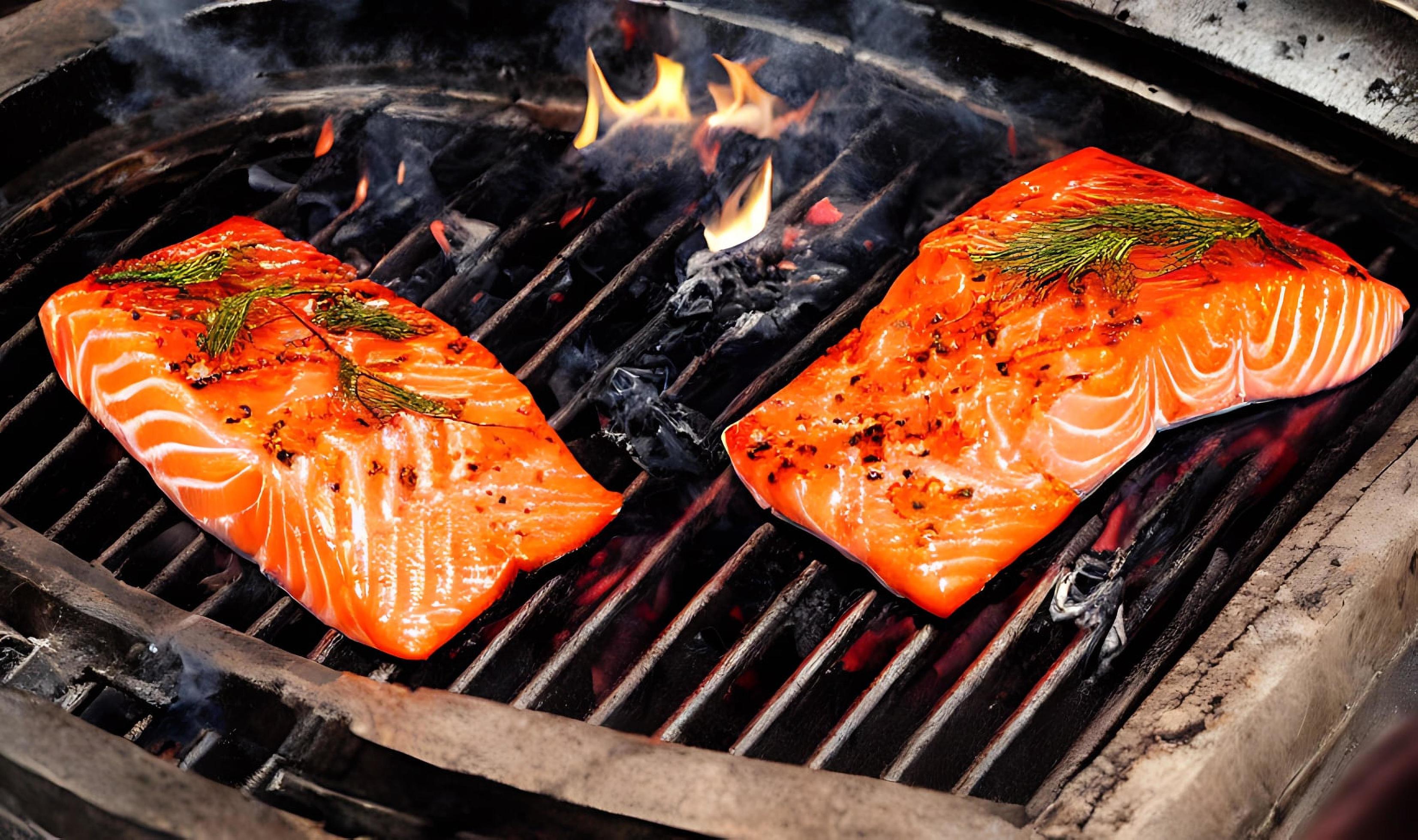 Grilled salmon. Healthy food baked salmon. Hot fish dish. Stock Free