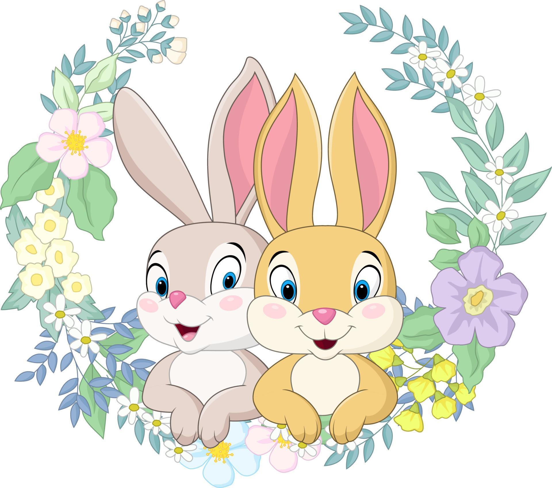 Happy couple rabbit with flowers background Stock Free